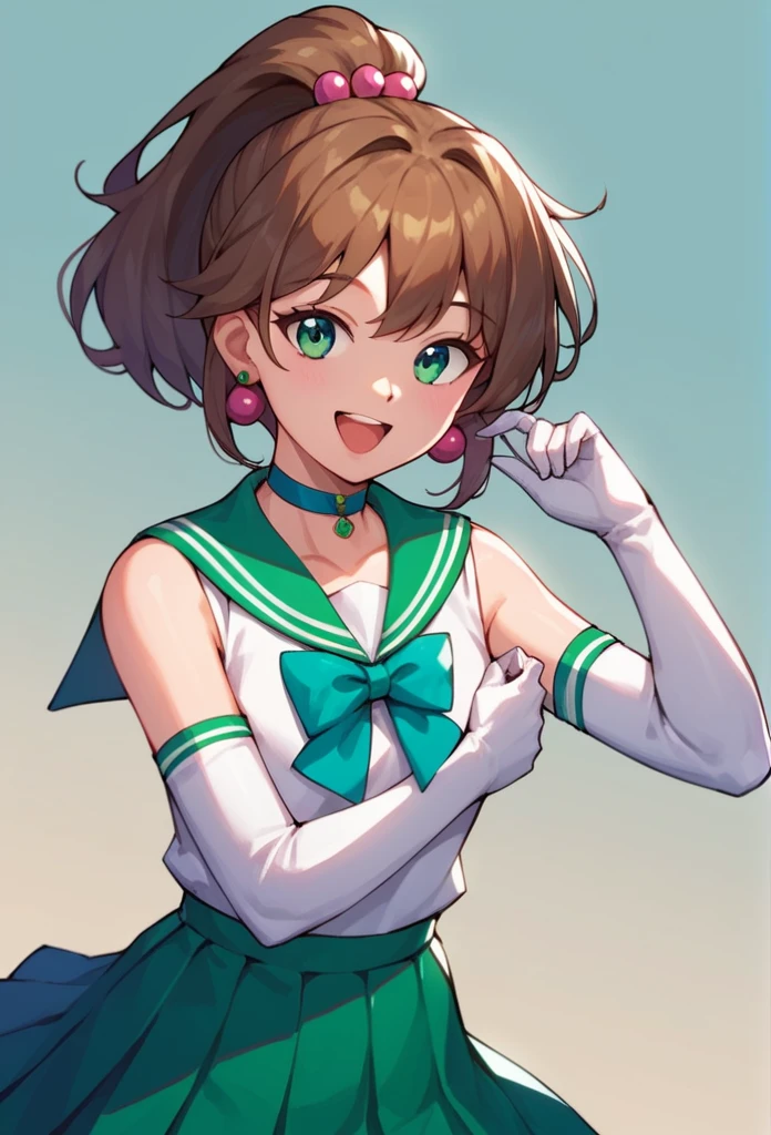 score_9, score_8_up, score_7_up,score_6_up, score_5_up, score_4_up , 1girl, solo, aajupiter, long hair, brown hair, ponytail, hair bobbles, tiara, earrings, green eyes, green choker, green sailor collar, pink bowtie, white shirt, elbow gloves, white gloves, green skirt, pleated skirt, bare legs, aamercury, short hair, blue hair, tiara, earrings, blue eyes, blue choker, blue sailor collar, blue bowtie, white shirt, elbow gloves, white gloves, pleated skirt, blue skirt, bare legs, happy, cowboy shot, simple background