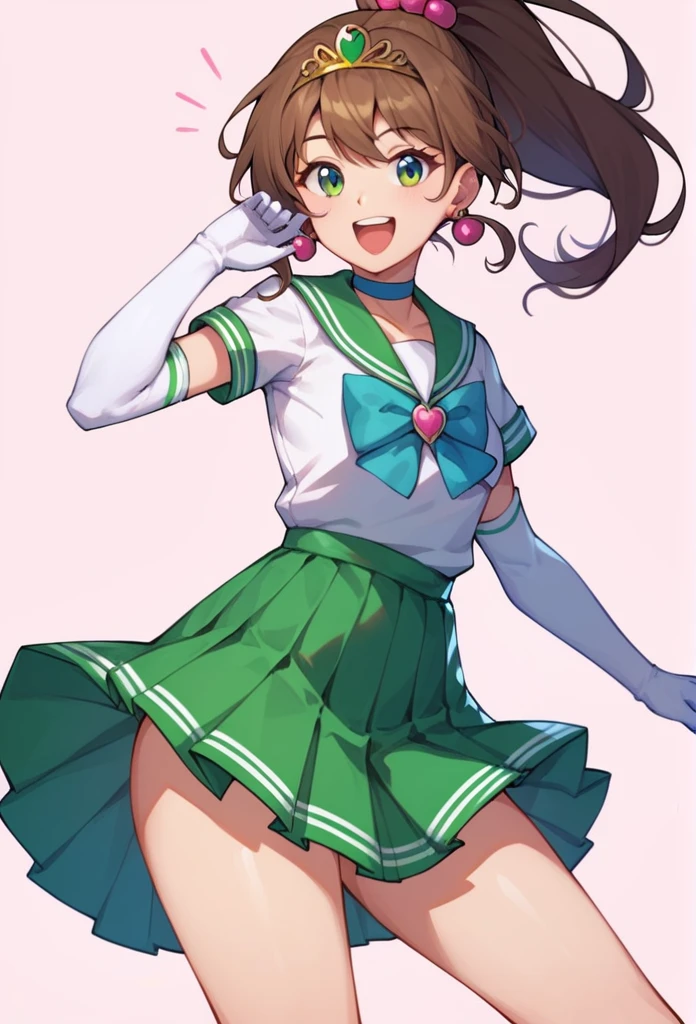 score_9, score_8_up, score_7_up,score_6_up, score_5_up, score_4_up , 1girl, solo, aajupiter, long hair, brown hair, ponytail, hair bobbles, tiara, earrings, green eyes, green choker, green sailor collar, pink bowtie, white shirt, elbow gloves, white gloves, green skirt, pleated skirt, bare legs, aamercury, short hair, blue hair, tiara, earrings, blue eyes, blue choker, blue sailor collar, blue bowtie, white shirt, elbow gloves, white gloves, pleated skirt, blue skirt, bare legs, happy, cowboy shot, simple background