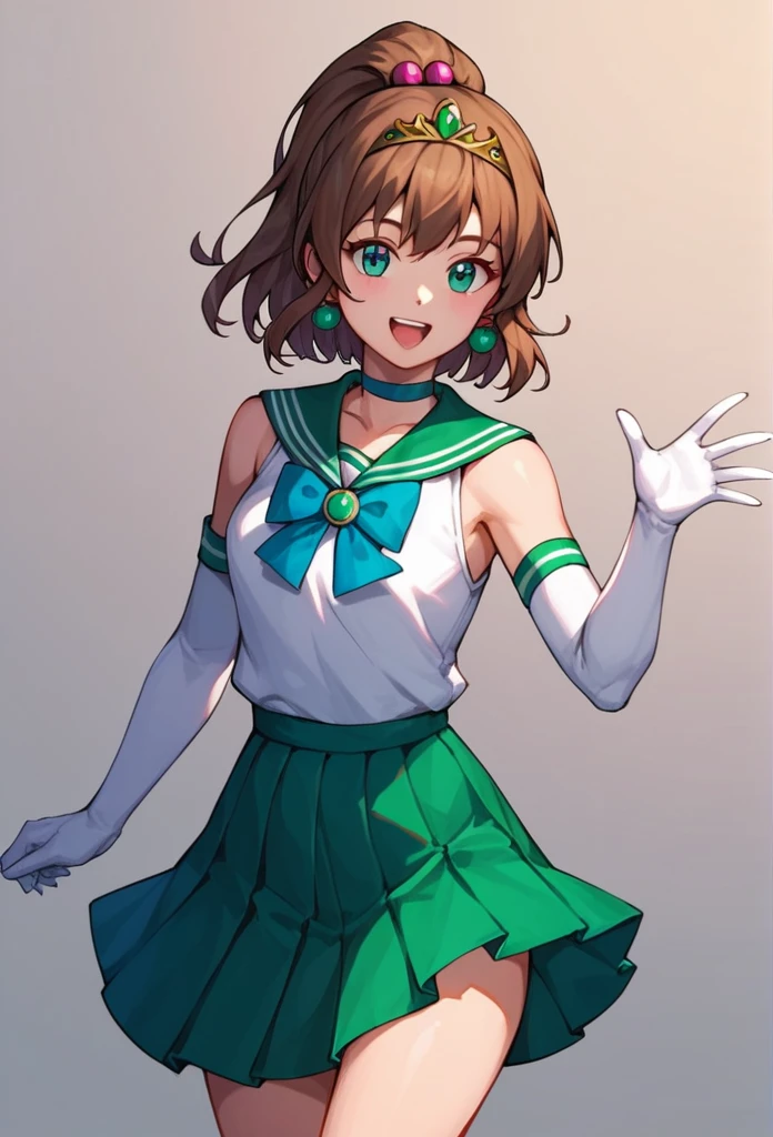 score_9, score_8_up, score_7_up,score_6_up, score_5_up, score_4_up , 1girl, solo, aajupiter, long hair, brown hair, ponytail, hair bobbles, tiara, earrings, green eyes, green choker, green sailor collar, pink bowtie, white shirt, elbow gloves, white gloves, green skirt, pleated skirt, bare legs, aamercury, short hair, blue hair, tiara, earrings, blue eyes, blue choker, blue sailor collar, blue bowtie, white shirt, elbow gloves, white gloves, pleated skirt, blue skirt, bare legs, happy, cowboy shot, simple background