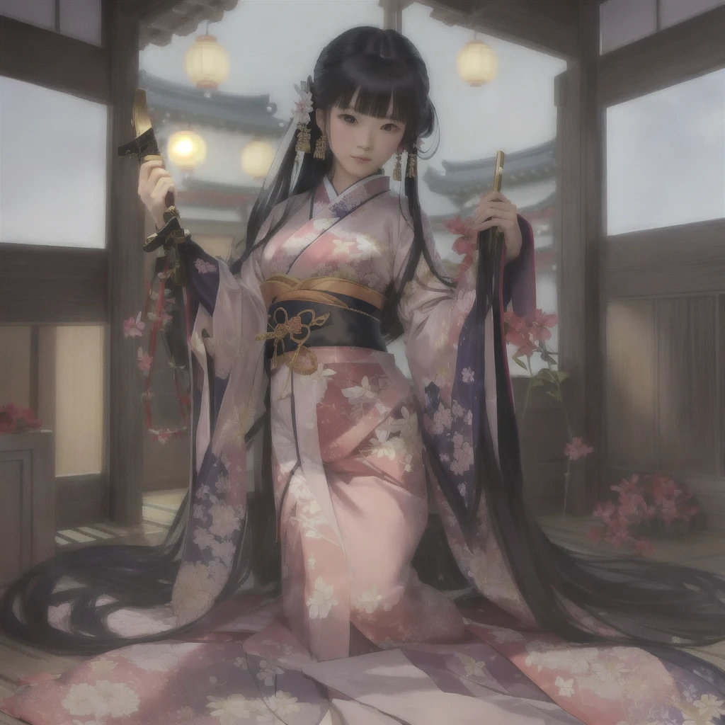 anime - style woman In kimono outfit holding a sword in a room, In kimono, In kimono, Japanese Goddess, Half Yamada, Gwaiz on pixiv artstation, Gwaiz on artstation pixiv, Enchanting anime girl, Gwaiz, Painted in an anime artist's studio, Black-haired wizard, Pixiv 3DCG, 焔仁A 17-year-old Japanese girl with vibrant hair colors, long hair, daring hair styling, slender figure, plump cheeks. She embodies the punk rock aesthetic, dressed like a punk rocker with bold attire, large sunglasses, a defiant expression. She stands at 170 centimeters tall, weighs 30 kilograms, wears long boots, with her thighs visible under a red pleated skirt. Adorned with numerous silver accessories. Depict with distinct outlines, using colors other than black for the outlines, using colorful hues for the outlines. She's into girls' rock, punk, Electric guitar, vibrant colors, stages, and backed by a band. An underground clubhouse with colorful lighting amidst the darkness. Colorful candies resembling mountains of treats are plentiful, strewn all around. A tall, well-built man with blonde hair is present, adorned with tattoos, a nose piercing, and a split tongue.