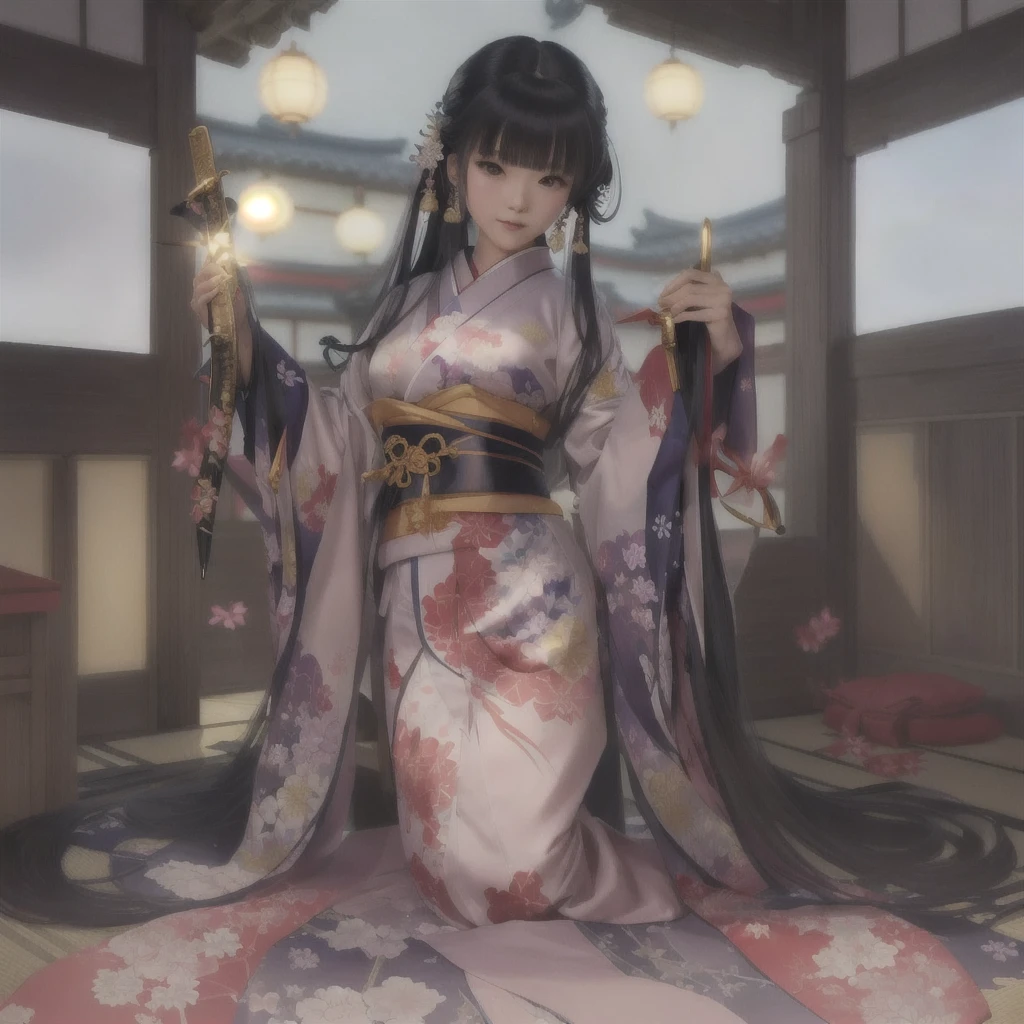 anime - style woman In kimono outfit holding a sword in a room, In kimono, In kimono, Japanese Goddess, Half Yamada, Gwaiz on pixiv artstation, Gwaiz on artstation pixiv, Enchanting anime girl, Gwaiz, Painted in an anime artist's studio, Black-haired wizard, Pixiv 3DCG, 焔仁A 17-year-old Japanese girl with vibrant hair colors, long hair, daring hair styling, slender figure, plump cheeks. She embodies the punk rock aesthetic, dressed like a punk rocker with bold attire, large sunglasses, a defiant expression. She stands at 170 centimeters tall, weighs 30 kilograms, wears long boots, with her thighs visible under a red pleated skirt. Adorned with numerous silver accessories. Depict with distinct outlines, using colors other than black for the outlines, using colorful hues for the outlines. She's into girls' rock, punk, Electric guitar, vibrant colors, stages, and backed by a band. An underground clubhouse with colorful lighting amidst the darkness. Colorful candies resembling mountains of treats are plentiful, strewn all around. A tall, well-built man with blonde hair is present, adorned with tattoos, a nose piercing, and a split tongue.