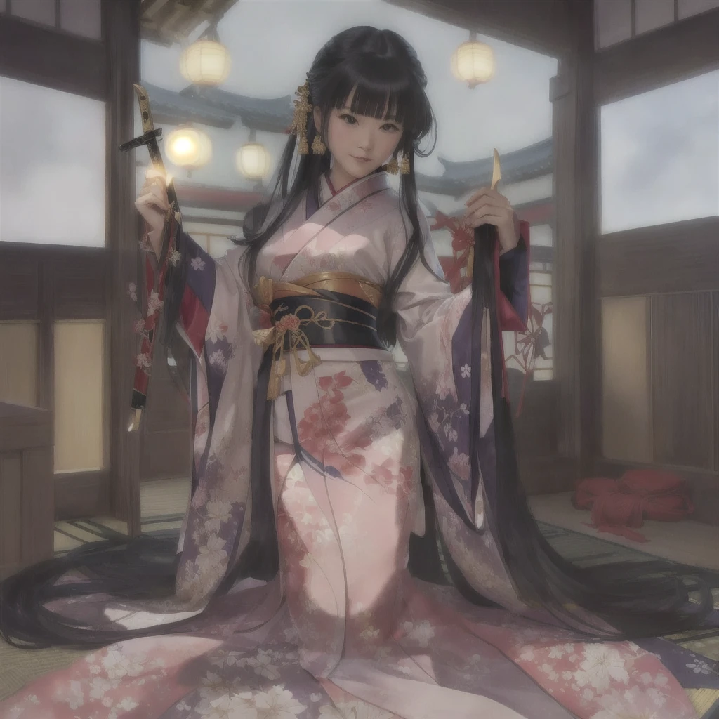 anime - style woman In kimono outfit holding a sword in a room, In kimono, In kimono, Japanese Goddess, Half Yamada, Gwaiz on pixiv artstation, Gwaiz on artstation pixiv, Enchanting anime girl, Gwaiz, Painted in an anime artist&#39;s studio, Black-haired wizard, Pixiv 3DCG, 焔仁A 17-year-old Japanese girl with vibrant hair colors, long hair, daring hair styling, slender figure, plump cheeks. She embodies the punk rock aesthetic, dressed like a punk rocker with bold attire, large sunglasses, a defiant expression. She stands at 170 centimeters tall, weighs 30 kilograms, wears long boots, with her thighs visible under a red pleated skirt. Adorned with numerous silver accessories. Depict with distinct outlines, using colors other than black for the outlines, using colorful hues for the outlines. She's into girls' rock, punk, Electric guitar, vibrant colors, stages, and backed by a band. An underground clubhouse with colorful lighting amidst the darkness. Colorful candies resembling mountains of treats are plentiful, strewn all around. A tall, well-built man with blonde hair is present, adorned with tattoos, a nose piercing, and a split tongue.