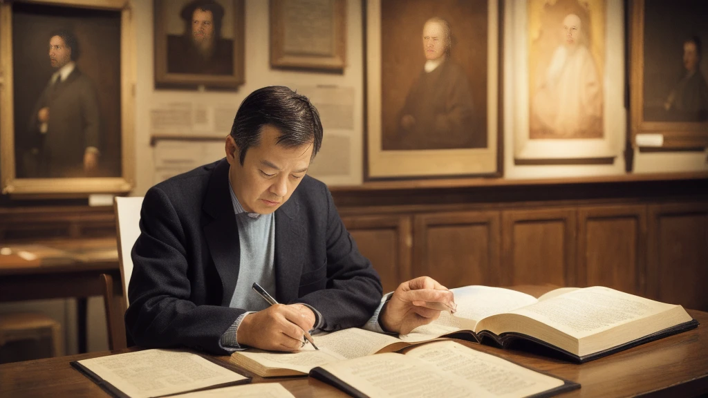 A middle-aged man sitting in a chair studying the Bible、Historical documents、Bible Manuscripts、Outdated、museum、high resolution