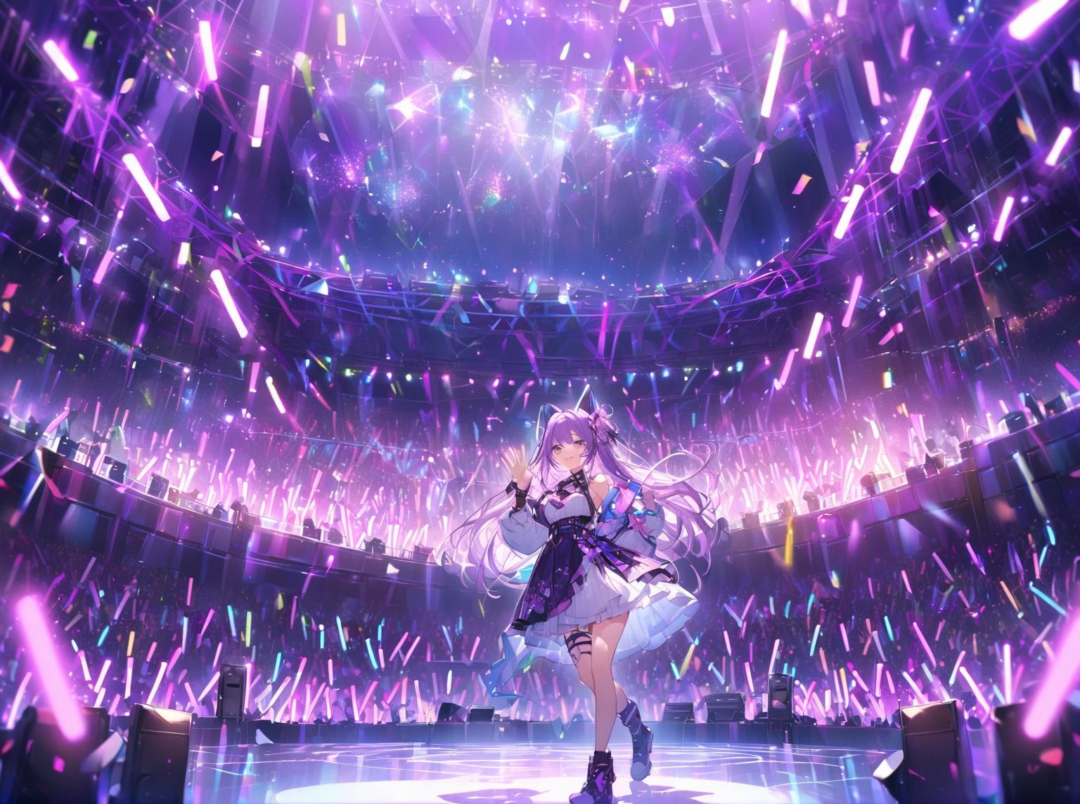 At the concert venue, Many purple glow sticks are waving、
