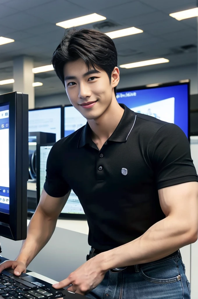 ((realistic daylight)) , (Korean guy in black polo shirt only) , Jeans, A handsome, muscular young Asian man looks at the camera.  , In a computer shop ,turn sideways, smile