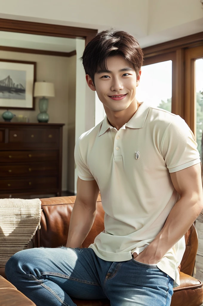 ((realistic daylight)) , (Young Korean man in a polo shirt) , Jeans, A handsome, muscular young Asian man looks at the camera. , in the living room,turn sideways, smile