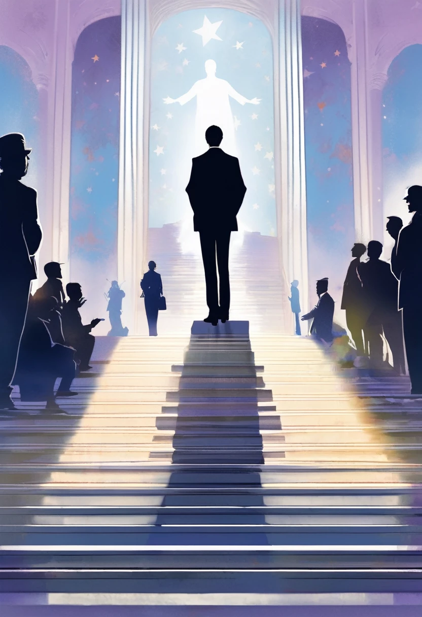 black silhouette of a man standing at the top of the stairs, with a podium and an audience. depicts political dialogue events, vector style, manga style, digital art, by Marshall Arisman, cover illustration, 70mm, 7 0 mm, 70 mm, book cover illustration, by Brigette Barrager, album cover, novel cover art for a book, art concept for a book cover, cover art, 7 feet tall,