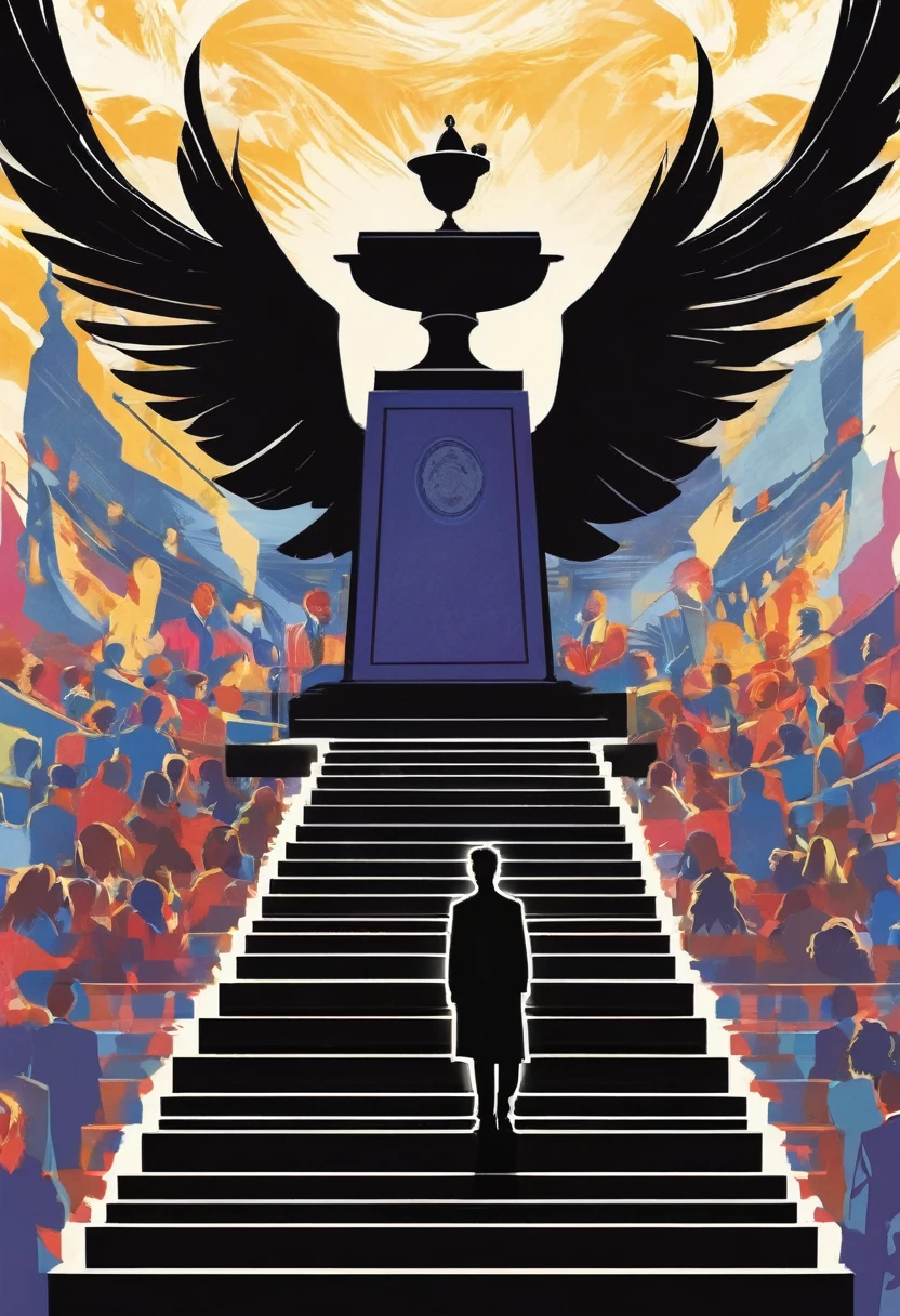black silhouette of a man standing at the top of the stairs, with a podium and an audience. depicts political dialogue events, vector style, manga style, digital art, by Marshall Arisman, cover illustration, 70mm, 7 0 mm, 70 mm, book cover illustration, by Brigette Barrager, album cover, novel cover art for a book, art concept for a book cover, cover art, 7 feet tall,