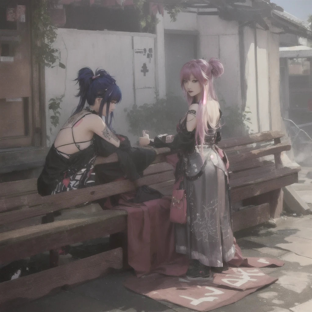 Animated scene of two women sitting on a bench in front of a building, Gwaiz, artwork in the style of Gwaiz, WLOP and Sakimi-chan, Gwaiz on pixiv artstation, Gwaiz on artstation pixiv, Gwaiz masterpiece, by Shimo, 2. 5 d cgi アニメ ファンタジー アートワークA -yeld Jaese girl with vibrant hair colors, long hair, daring hair styling, slender figure, plump cheeks. She embodies the punk rock aesthetic, dressed like a punk rocker with bold attire, large sunglasses, a defiant expression. She stands at 170 centimeters tall, weighs 30 kilograms, wears long boots, with her thighs visible under a red pleated skirt. Adorned with numerous silver accessories. Depict with distinct outlines, using colors other than black for the outlines, using colorful hues for the outlines. She's into girls' rock, punk, Electric guitar, vibrant colors, stages, and backed by a band. An underground clubhouse with colorful lighting amidst the darkness. Colorful candies resembling mountains of treats are plentiful, strewn all around. A tall, well-built man with blonde hair is present, adorned with tattoos, a nose piercing, and a split tongue.