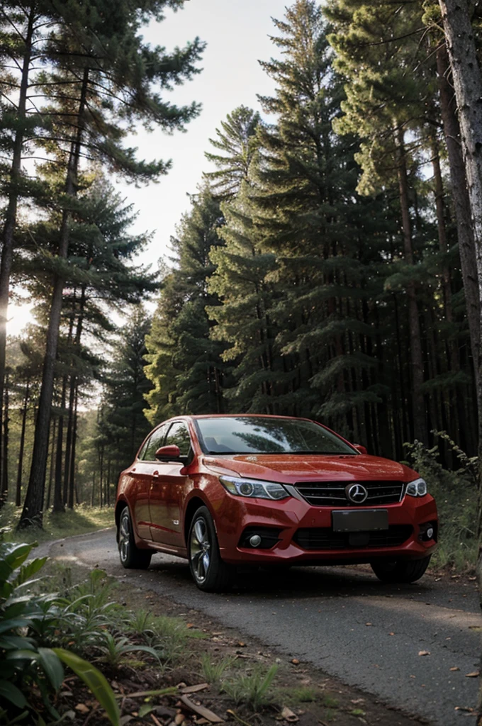 Red car on forest background