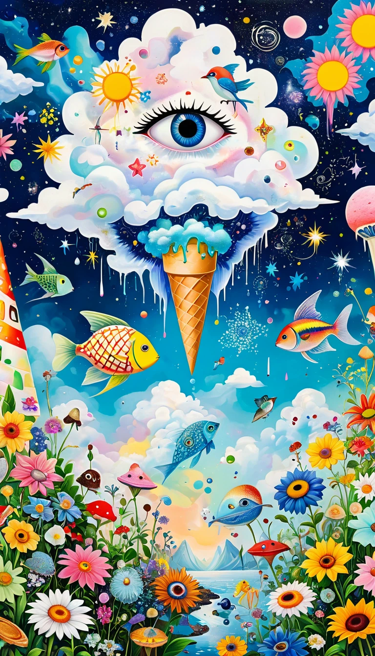 Children's graffiti,Artists from the stars,Magic Ice Cream Cone、Eruption Cloud、sky、flowesh、章fish触手瀑布。、bird、Eye、diatom,Abstract mosaic painting,Describing the inner world of autistic people,Large area of white,interesting,Innocence,Vision,Psychedelic Art,