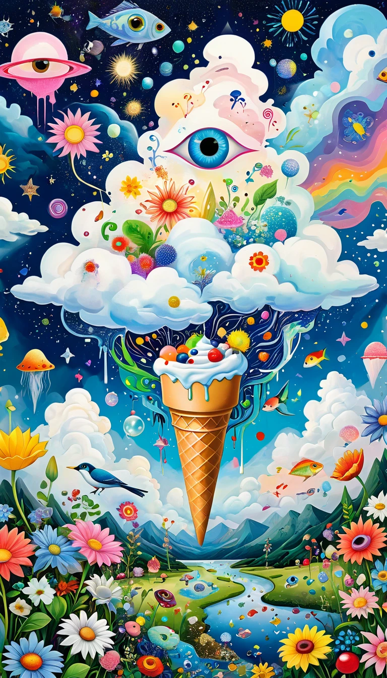 Children's graffiti,Artists from the stars，Magic Ice Cream Cone、Eruption Cloud、sky、flowesh、章fish触手瀑布。、bird、Eye、diatom，Abstract mosaic painting，Describing the inner world of autistic people，Large area of white，interesting，Innocence，Vision，Psychedelic Art，
