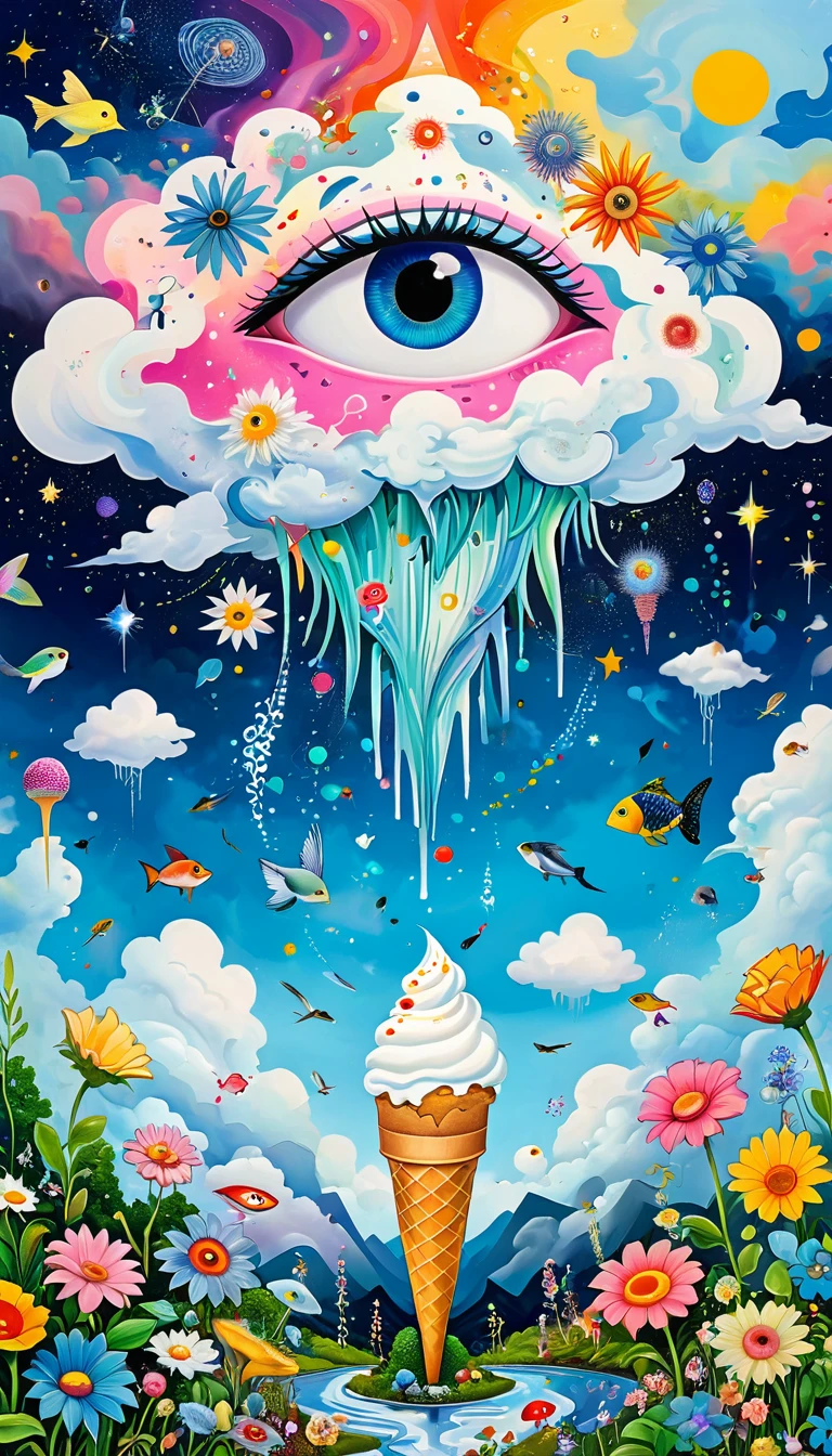 Children's graffiti,Artists from the stars,Magic Ice Cream Cone、Eruption Cloud、sky、flowesh、章fish触手瀑布。、bird、Eye、diatom,Abstract mosaic painting,Describing the inner world of autistic people,Large area of white,interesting,Innocence,Vision,Psychedelic Art,
