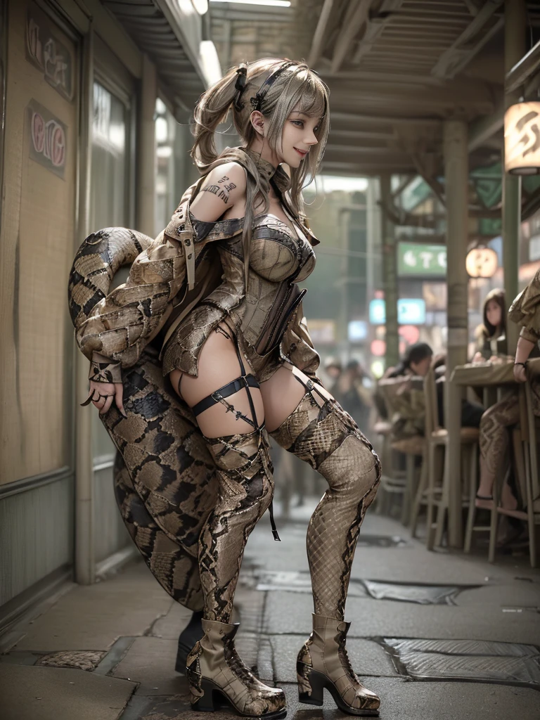 (Full Body View:1.2)、(Side view:1.2)、(Smiling with teeth showing:1.3),(Shibuya Gal:1.5)、(Beautiful gravure model:1.5)、(Neo-goth fashion:1.5)、(Punk RockVisual Kei:1.5)、(An off-the-shoulder hoodie in khaki and brown with delicate silver accessories.:1.5)、(A corset with a delicate beige and brown design:1.4)、(Dark grey, khaki and brown snakeskin bodysuit:1.5)、(Snake print headband:1.3)、(Beige and charcoal knee socks:1.4)、Embellished collar and long boots、(I&#39;m selling snake print underwear.:1.4)、(Long eyelashes:1.3)、(20-year-old)、((Highest quality、8k、masterpiece:1.3))、1 Female、Slim and beautiful abs:1.3、(hairstyle casual、Beautiful boobs:1.1)、(Doing an aerobics pose:1.3)、dress:1.1、Super small face、Narrow eyes、double eyelid、A sloppy smile、Esbian all over body、Dynamic Angle、Close-up、CPL Filter、Blurred Background、Bokeh、Blue Hour、Detailed face and skin texture、Detailed eyes、,(Twin tails:1.3)、(Black-golden hair:1.3)、Gravure idol、(The background is a glamorous dance hall:1.3)、(Make your legs thinner:1.4)、(Slim Body:1.3)、(clavicle:1.1)
