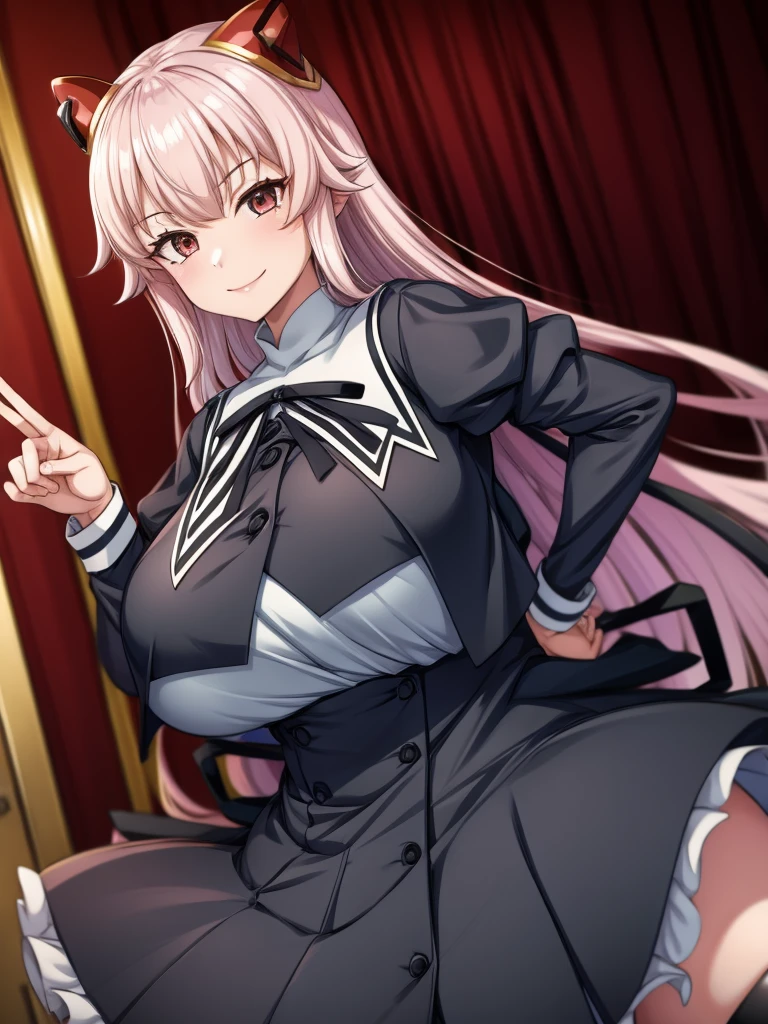 Top quality, masterpiece, beautiful face, fine eyes, fine skin, fine face,
Gao's hand pose, 
ArayaEndo, long hair, hairpods, black neck ribbon, yurigaoka girls academy , cropped jacket, juliet sleeves, black skirt, high-waist skirt, black thighhighs, (rnaughty smile),  huge breasts, curvaceous, tight waist, 