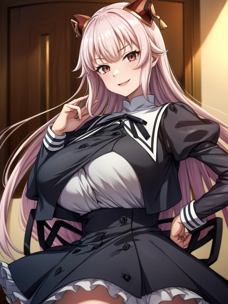 Top quality, masterpiece, beautiful face, fine eyes, fine skin, fine face,
Gao's hand pose, 
ArayaEndo, long hair, hairpods, black neck ribbon, yurigaoka girls academy , cropped jacket, juliet sleeves, black skirt, high-waist skirt, black thighhighs, (rnaughty smile),  huge breasts, curvaceous, tight waist, 