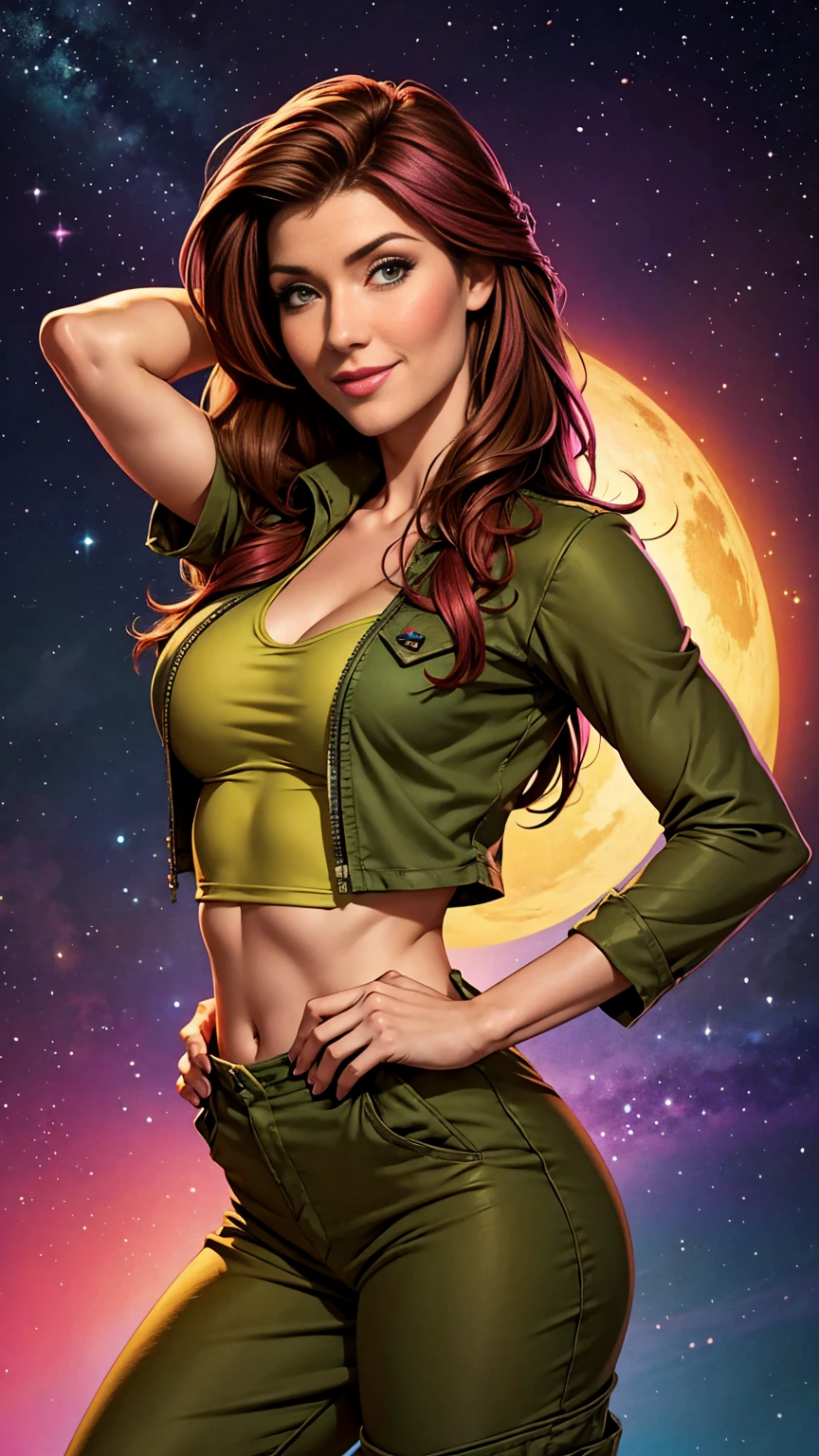 Jewel Staite as Kaylee from Firefly, body paint, undone olive green coveralls, short pink crop top, long brunette hair, perfect breasts, sexy pose, smile