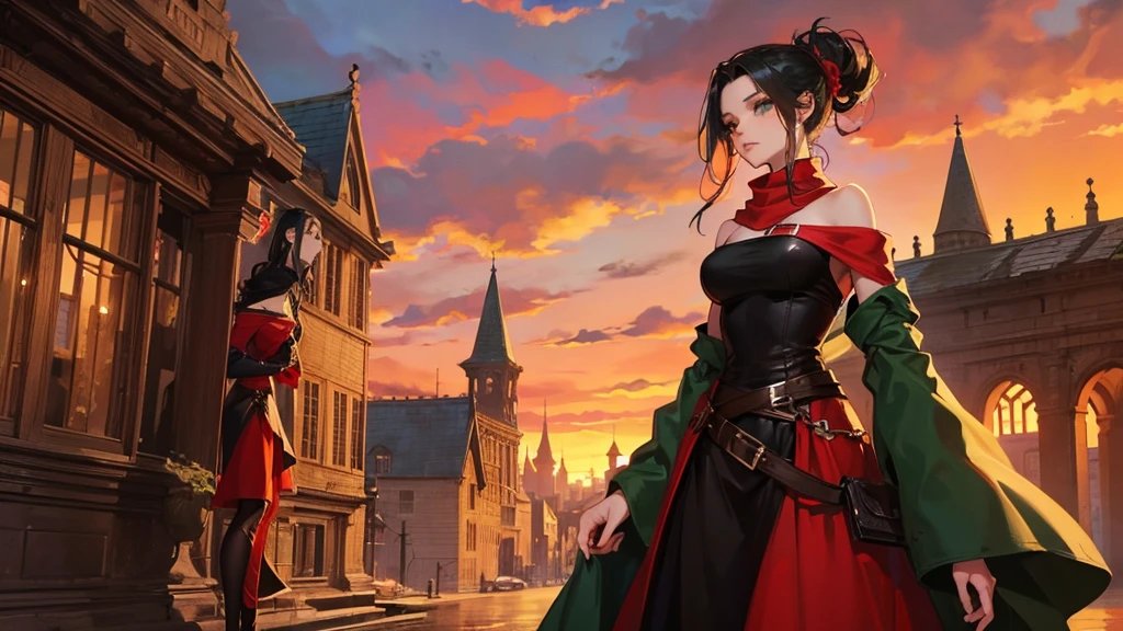 medieval setting, full view of body, 1 skinny female with large breast, beatiful smokey green eyes, black hair pinned up, off-shoulder midi dress, red scarf around her neck, eerie sunset