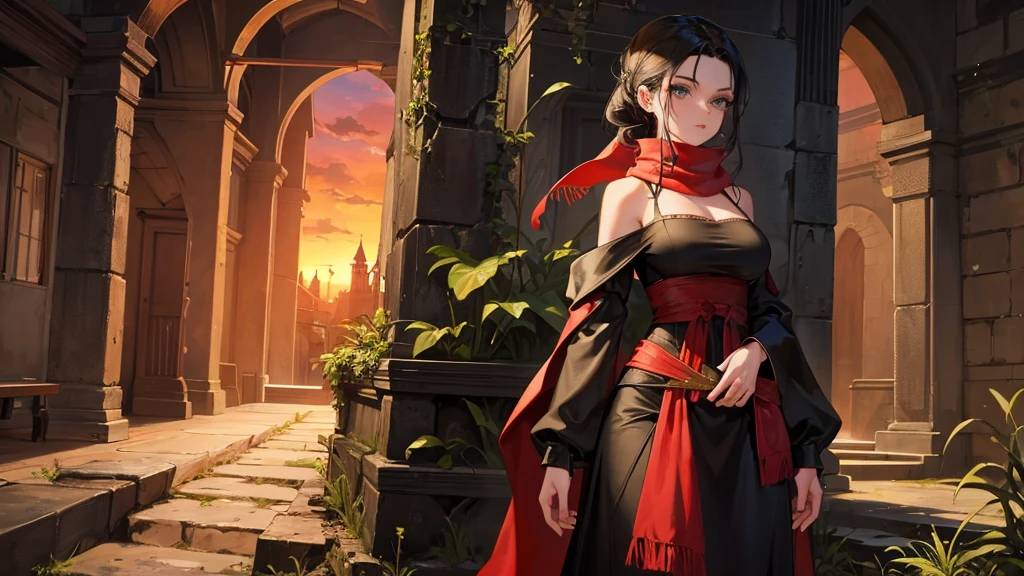 medieval setting, full view of body, 1 skinny female with large breast, beatiful smokey green eyes, black hair pinned up, off-shoulder midi dress, red scarf around her neck, eerie sunset