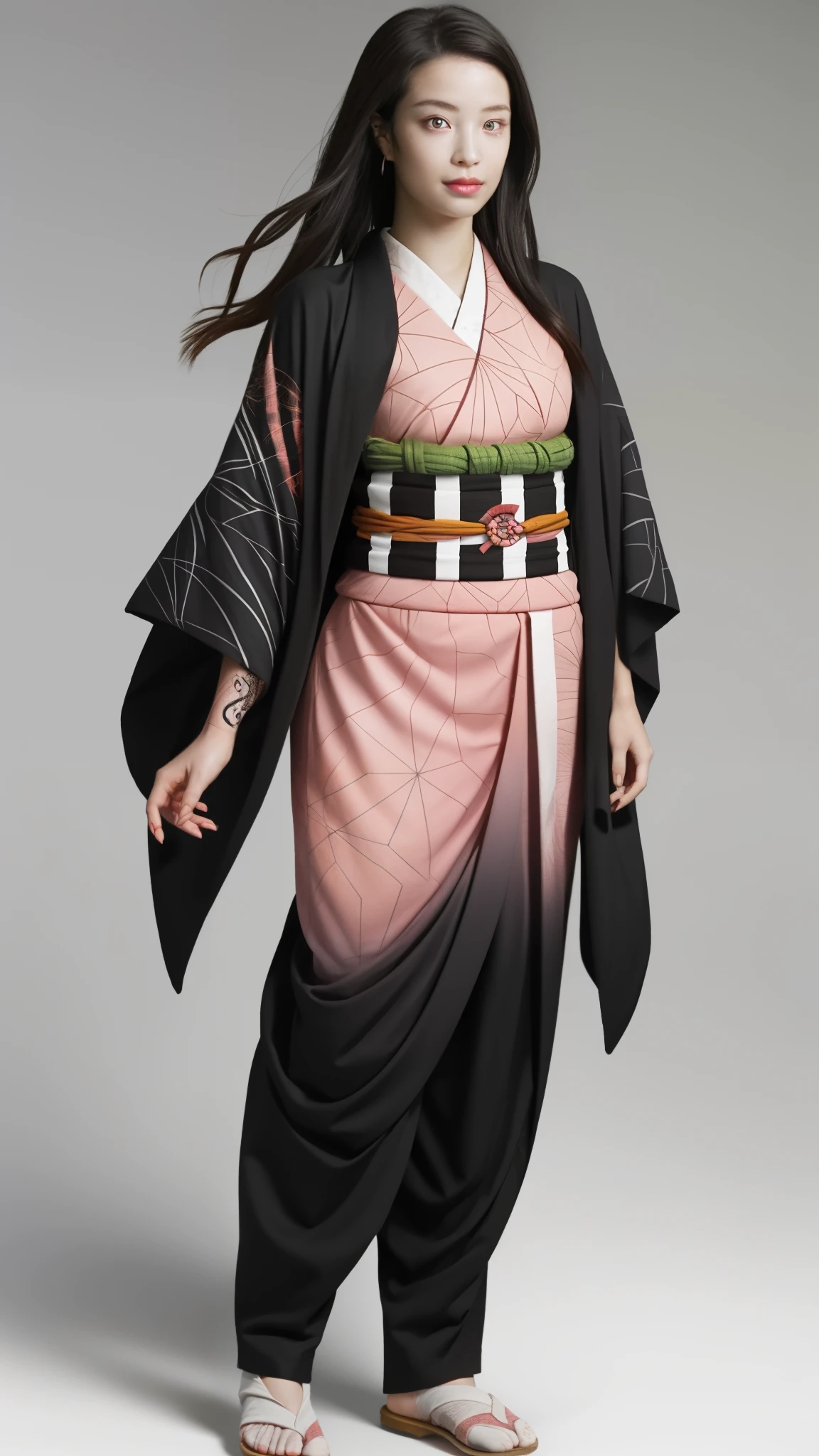 Female, moisturized skin, (pink and bright eyes), (full body: 1.4),
BREAK,
(kicking: 1.3),
BREAK,
(black grass tattoo on body: 1.3),
BREAK,
(cute kimono: 1.2), (black haori: 1.2),
BREAK,
(super long hair), (light gradient hair: 1.3), (red tips: 1.3),
BREAK,
(realistic: 1.3), (super high resolution), (highly detailed: 1.4), (full body: 1.4), (symmetrical: 1.2), (one shot),
BREAK,
(Japanese city: 1.2),
BREAK,
(Demon Slayer: 1.4), (Hirose Suzu: 1.3), (Kamado Nezuko),