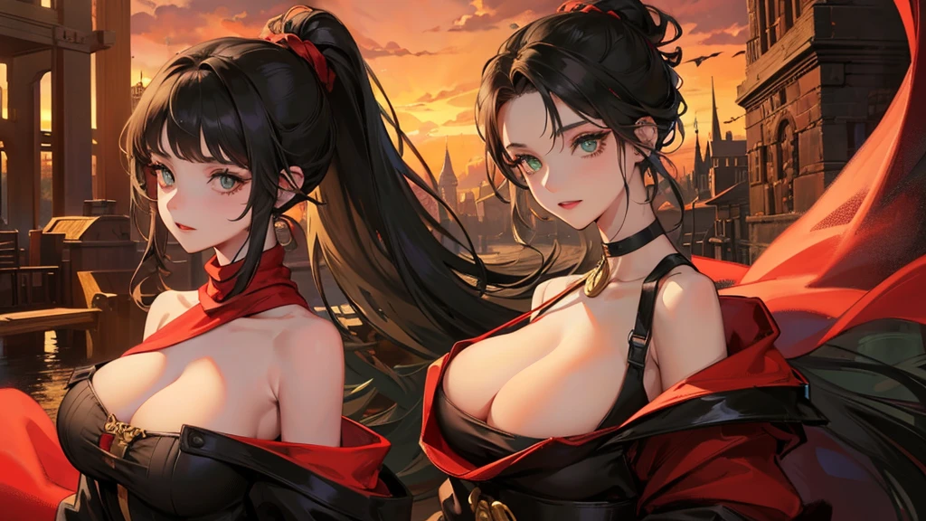 medieval setting, full view of body, 1 skinny female with large breast, beatiful smokey green eyes, black hair pinned up, off-shoulder midi dress, red scarf around her neck, eerie sunset
