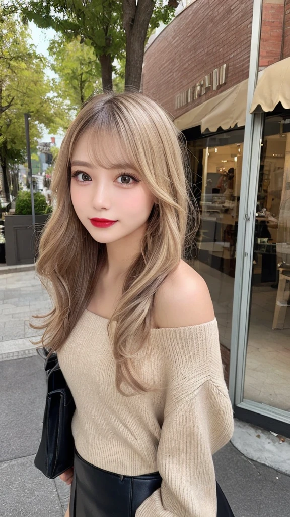 High resolution、Blonde Hair、girl、Light Hair Color、sexy、Thin legs、Beautiful eyelashes、High resolution、Zoom out、20-year-old、 Wide viewing angles、Highest quality、Very detailed、Finer details、High resolution、8k wallpaper、Beautiful eyes in every detail、Natural lip color、Off-the-shoulder sweater、leather skirt、mini skirt、thigh-high boots、Long Hair、wave hair、Hotel、Cute Face、Small face、looking at the camera、Shopping Centre、Apparel Shop、lift up skirt