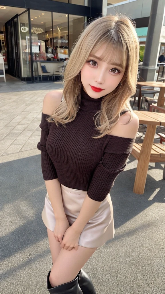 High resolution、Blonde Hair、girl、Light Hair Color、sexy、Thin legs、Beautiful eyelashes、High resolution、Zoom out、20-year-old、 Wide viewing angles、Highest quality、Very detailed、Finer details、High resolution、8k wallpaper、Beautiful eyes in every detail、Natural lip color、Off-the-shoulder sweater、leather skirt、mini skirt、thigh-high boots、Long Hair、wave hair、Hotel、Cute Face、Small face、looking at the camera、Shopping Centre、Apparel Shop、lift up skirt