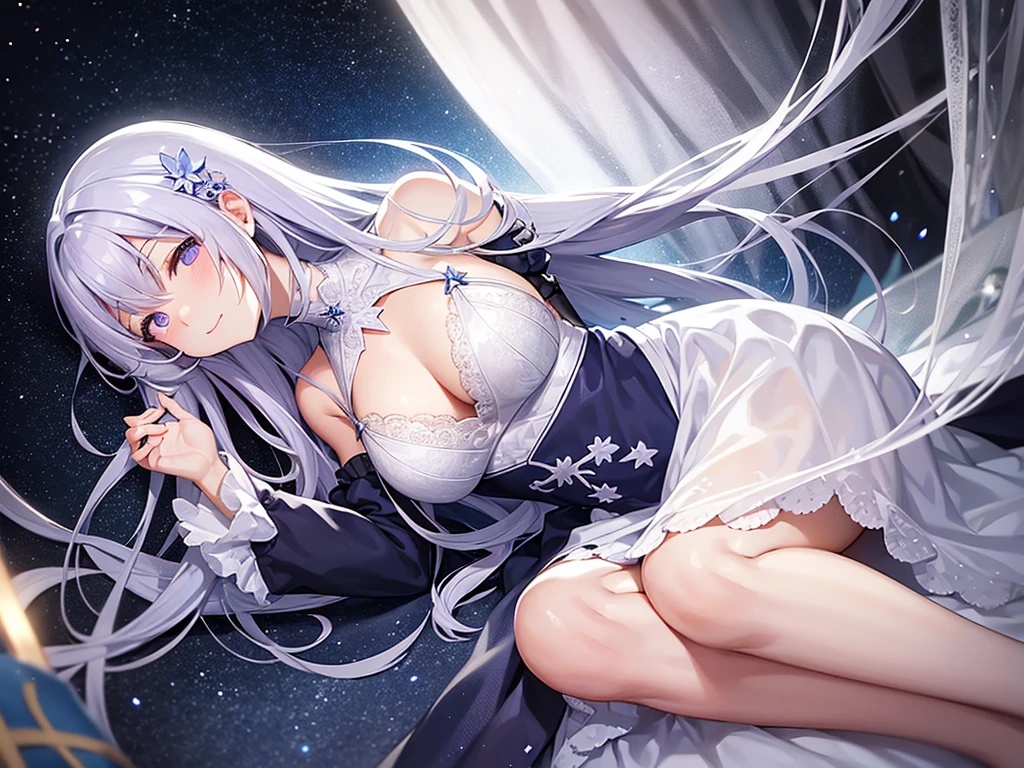 Appearance:
hair: 長くて青いhair、It has silver highlights、Eyes that shine like moonlight: Deep purple, star-studded eyes: Pale blue-white in color、Slightly shiny clothing: An elegant and slightly sexy dress、Chiffon and lace material、Embroidered constellation design。Moon and star motif accessory body type: Height 155 cm、Weight 45 kg、Slim and elegant personality:
Nojaろり風: In a childish tone、Cute ending「Noja」Uses yandere elements: Deep affection and possessiveness、のすのすけ様に対する強い執着と過保護な一面がある
expression・ポーズ:
expression: A loving gaze and a slightly sad smile: An elegant and slightly modest pose。Though he looks worried、The background is designed to give a somewhat attractive impression.:
place: 自然豊かなplace、Beautiful scenery with stars shining in the night sky。Relaxing in the moonlight style:
Color Palette: Calm blue and purple、Silver、Pale white etc.、Fantastic and mysterious color atmosphere: Mysterious yet、It gives a sense of deep love and a little anxiety.、Fantastic atmosphere