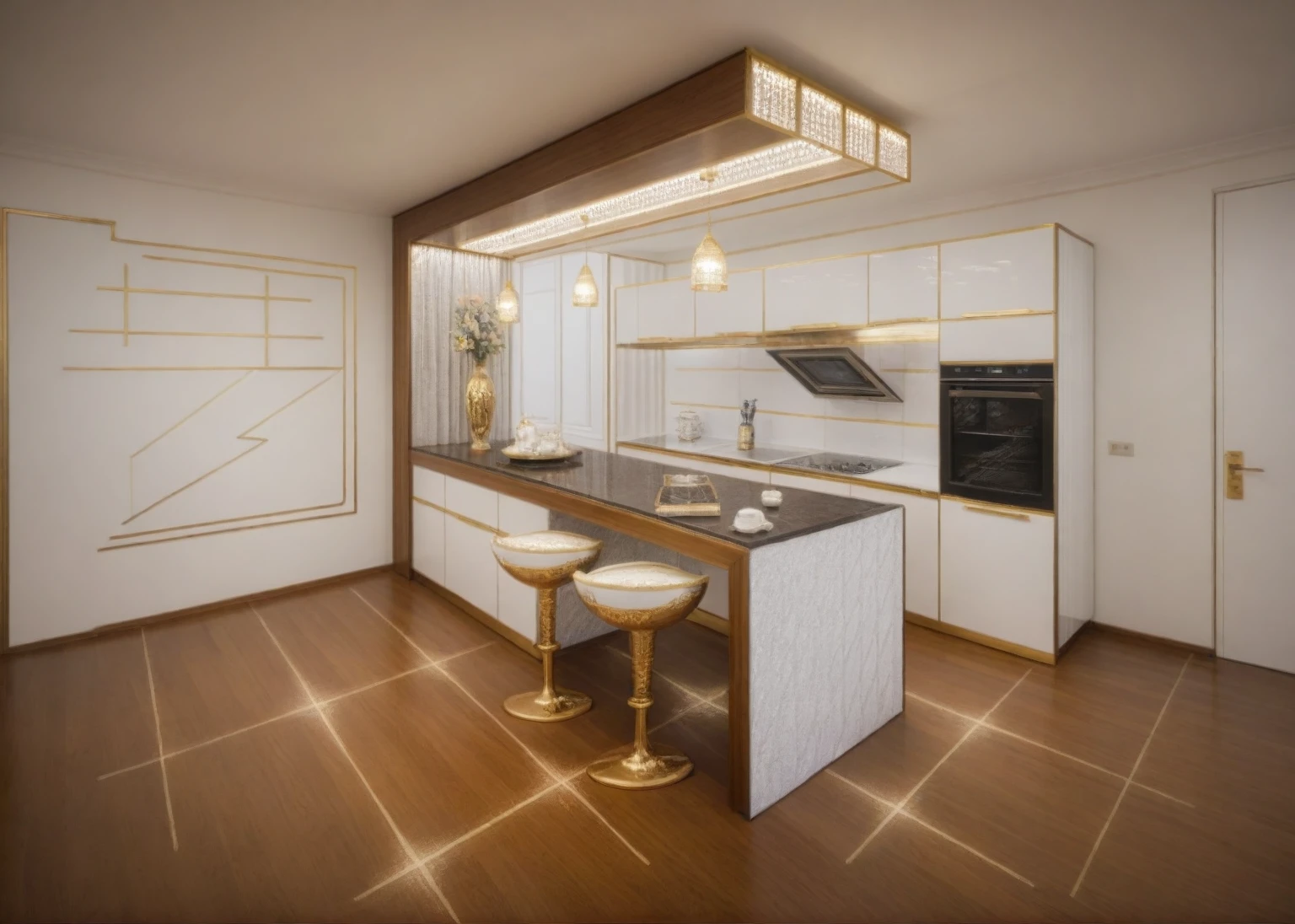 Masterpiece, Best quality,8K, Ultra-high resolution,When you step into the Kitchen and dinning room,Immediately surrounded by a rich atmosphere of luxury。Ornate crystal chandeliers hang high on the wall,Shine brightly。Kitchen island  was covered with a soft white fluffy blanket,It is so comfortable,So much so that you can't help but indulge in it。Embellished with precious porcelain and white-off gold ornaments。Whenever it is late afternoon,The afterglow from the window spilled on the floor,Soft light and shadow are reflected,It was as if entering a dreamland。((( brown Doussie wooden furniture : 1.3 )))