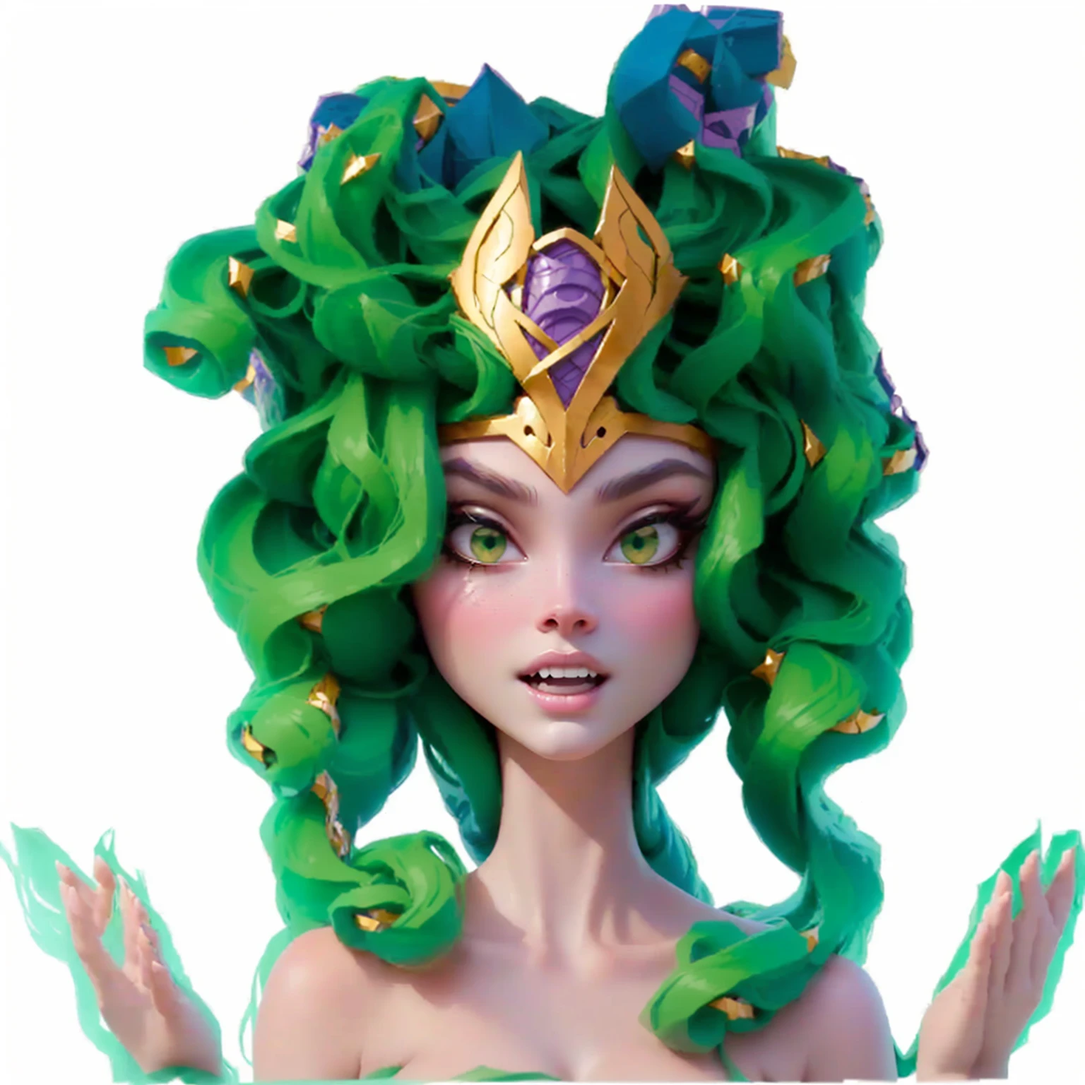 Disney Pixar style,Cartoon,Woman wearing snake head crown, fierce Medusa, Medusa gorgon head, female Medusa long hair, beautiful female gorgon, Medusa head, very sad Medusa, Medusa, portrait of teenage Medusa, gorgon, torquoise fantasy fanged Medusa, long flowing Medusa hair, portrait of Medusa, Epic 3D Yemaya, male Medusa