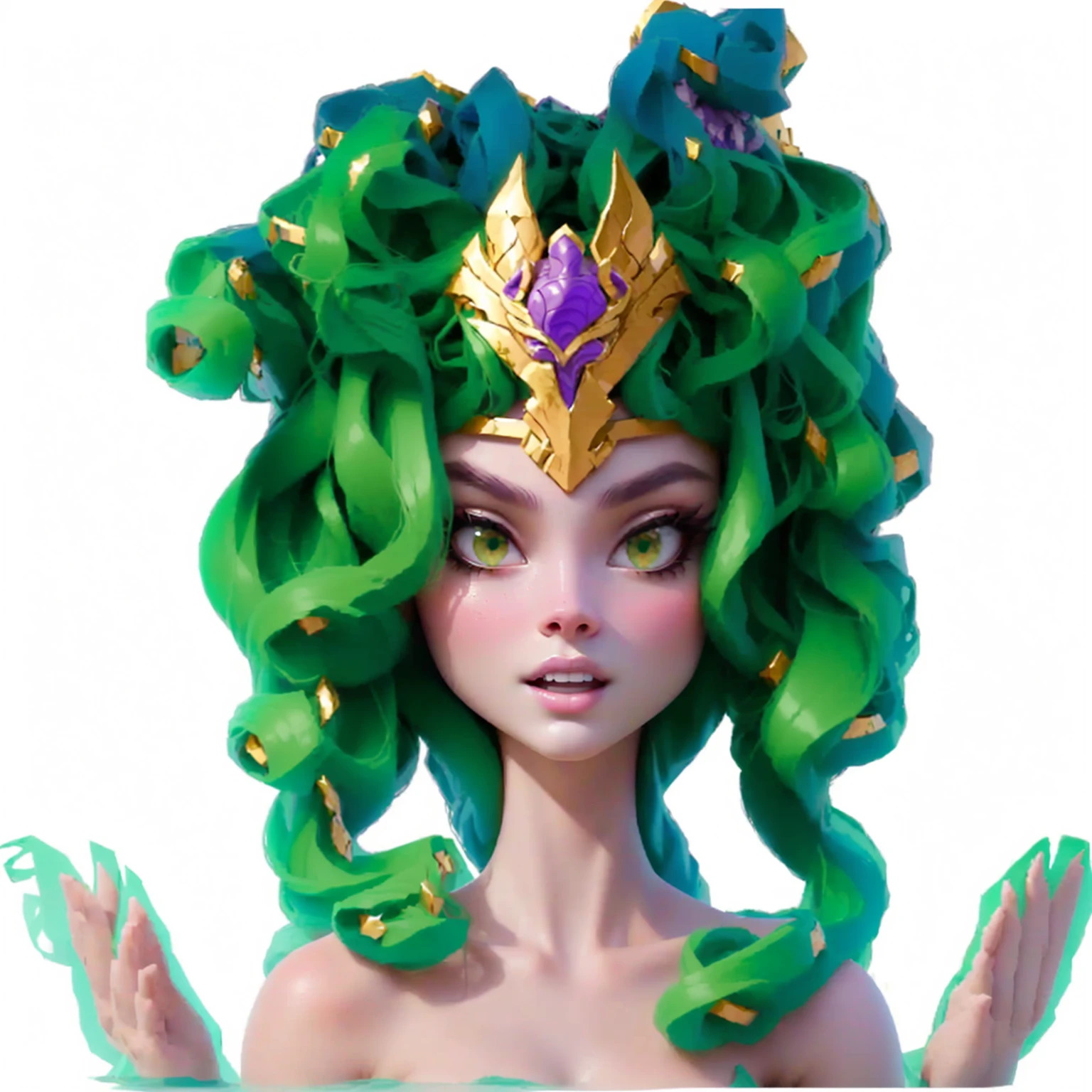 Disney Pixar style，Cartoon，Woman wearing snake head crown, fierce Medusa, Medusa gorgon head, female Medusa long hair, beautiful female gorgon, Medusa head, very sad Medusa, Medusa, portrait of teenage Medusa, gorgon, torquoise fantasy fanged Medusa, long flowing Medusa hair, portrait of Medusa, Epic 3D Yemaya, male Medusa