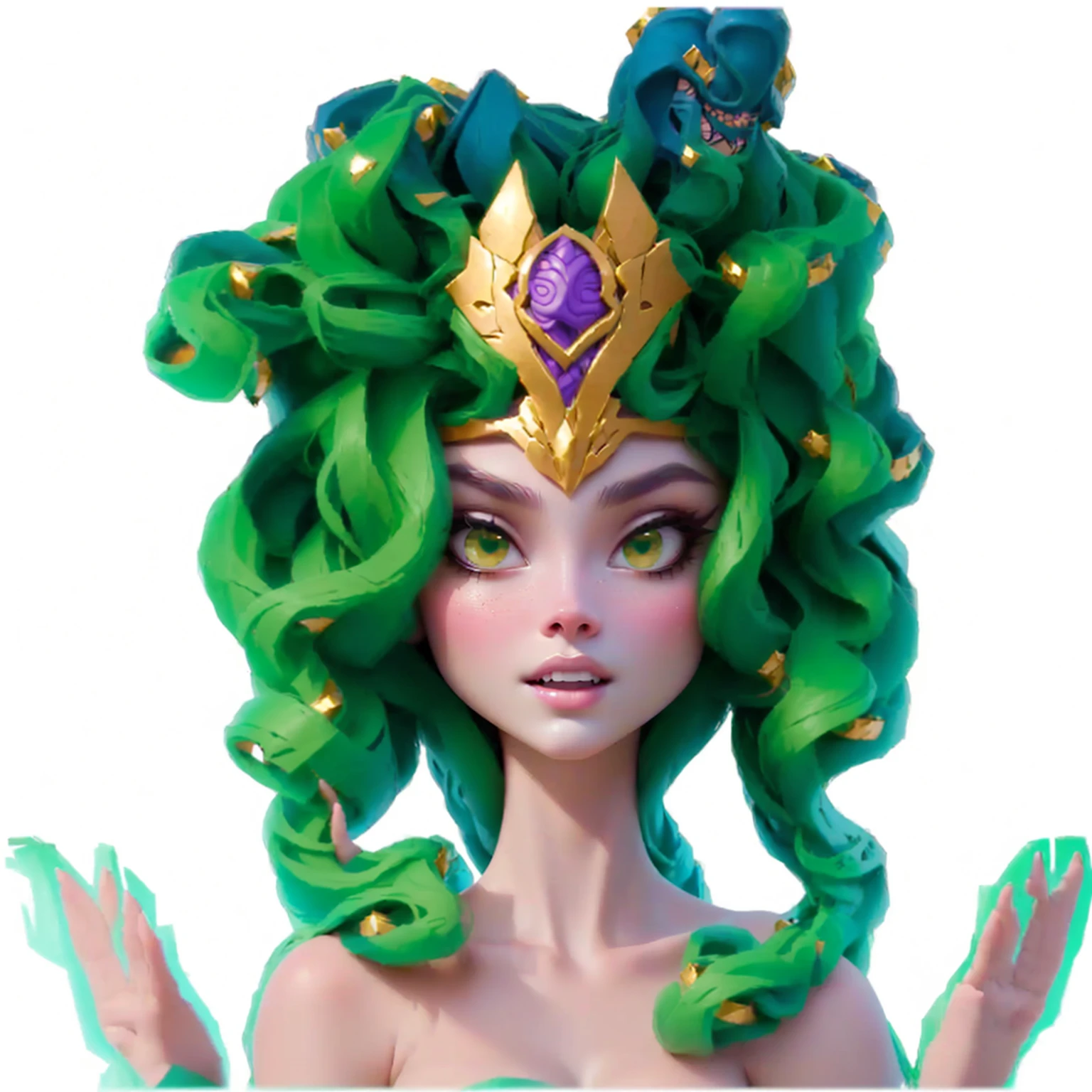 Disney Pixar style,Cartoon,Woman wearing snake head crown, fierce Medusa, Medusa gorgon head, female Medusa long hair, beautiful female gorgon, Medusa head, very sad Medusa, Medusa, portrait of age Medusa, gorgon, torquoise fantasy fanged Medusa, long flowing Medusa hair, portrait of Medusa, Epic 3D Yemaya, male Medusa