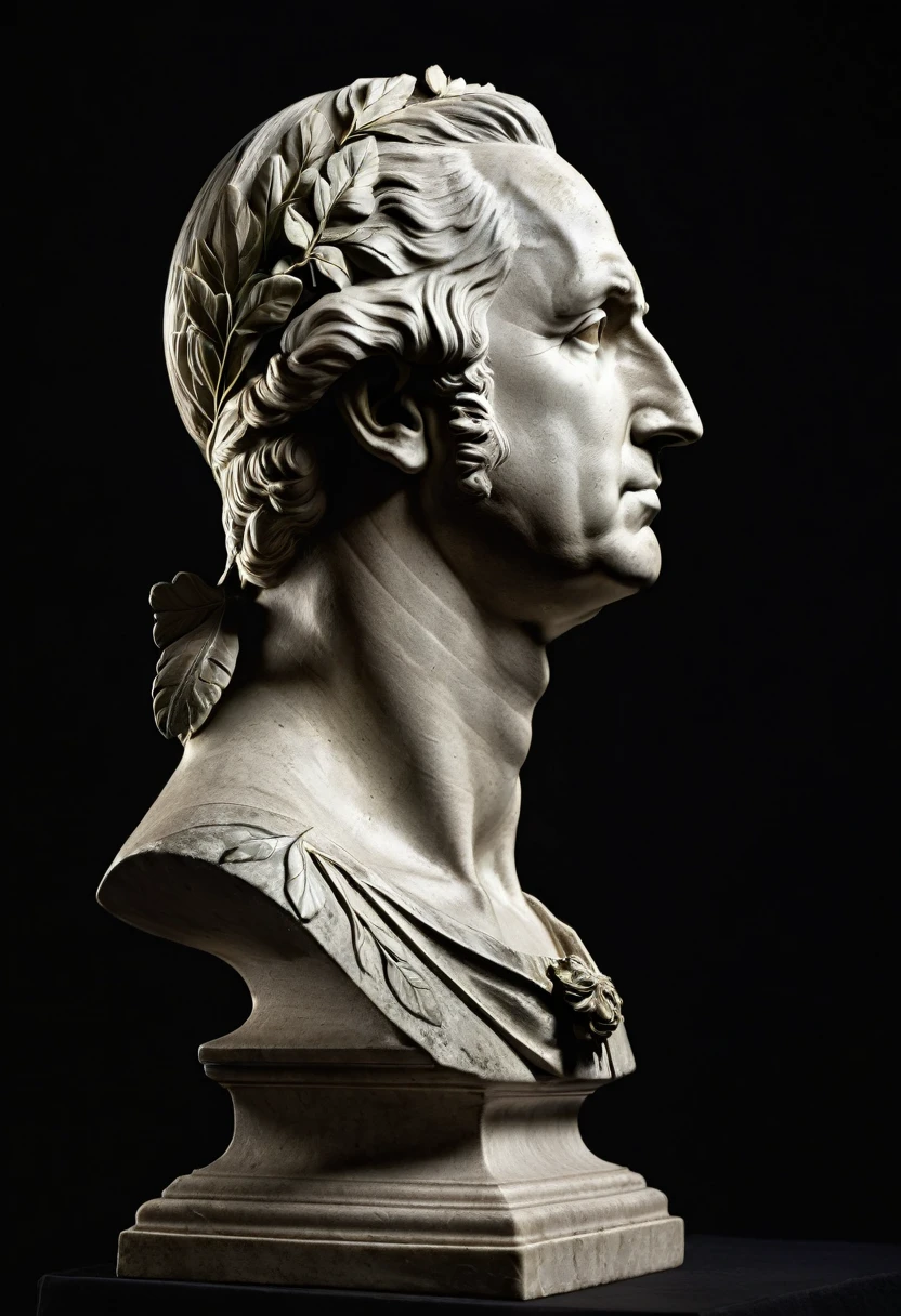 Side view of a George Washington roman bust with a Laurel Wreath on top of it's head, highlighted with a spotlight and dark background