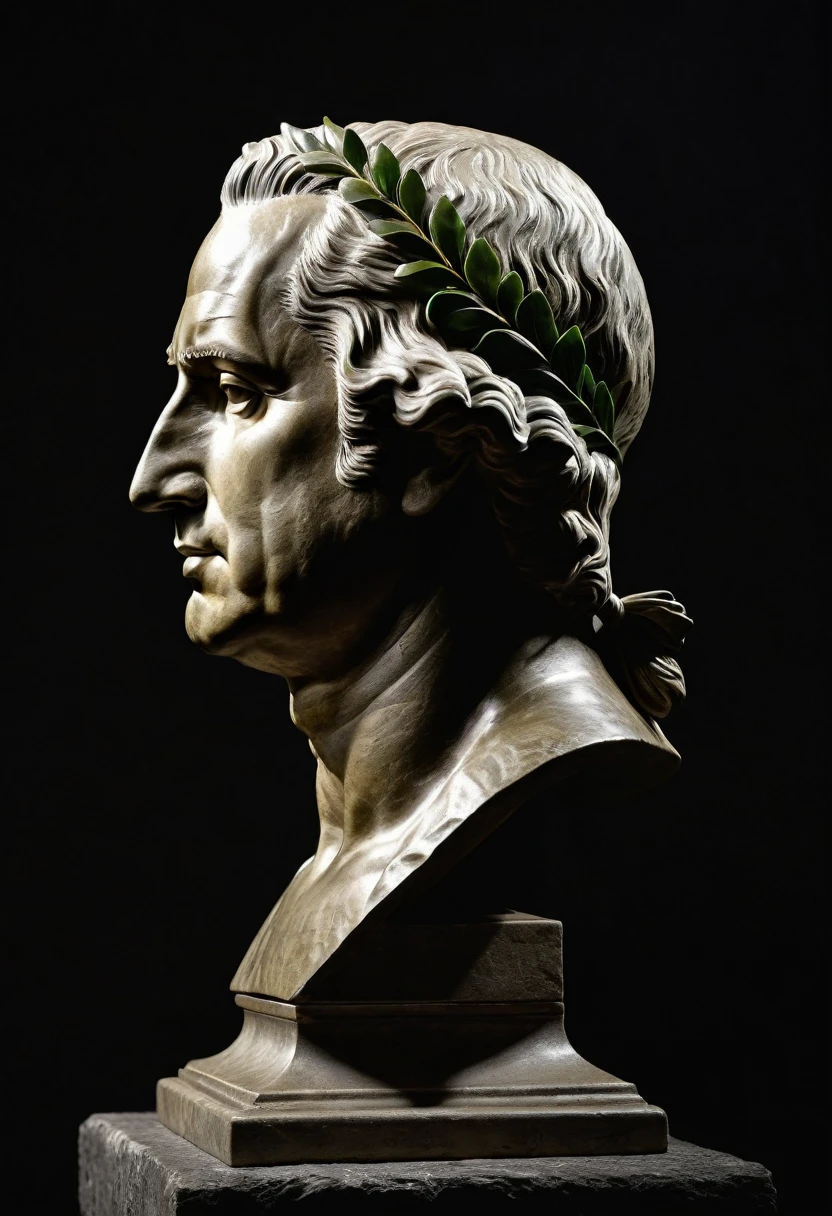 Side view of a George Washington roman bust with a Laurel Wreath on top of it's head, highlighted with a spotlight and dark background