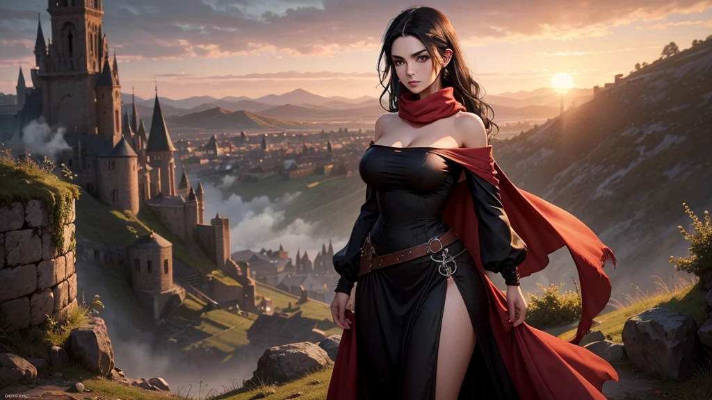 medieval setting, full view of body, 1 skinny female with large breast, beatiful smokey green eyes, black hair pinned up, off-shoulder midi dress, red scarf around her neck, eerie sunset