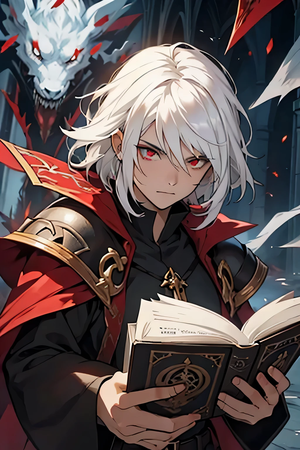 A vampire, White hair and scarlet eyes combat class summoner, Holding a grimoire, combat injury