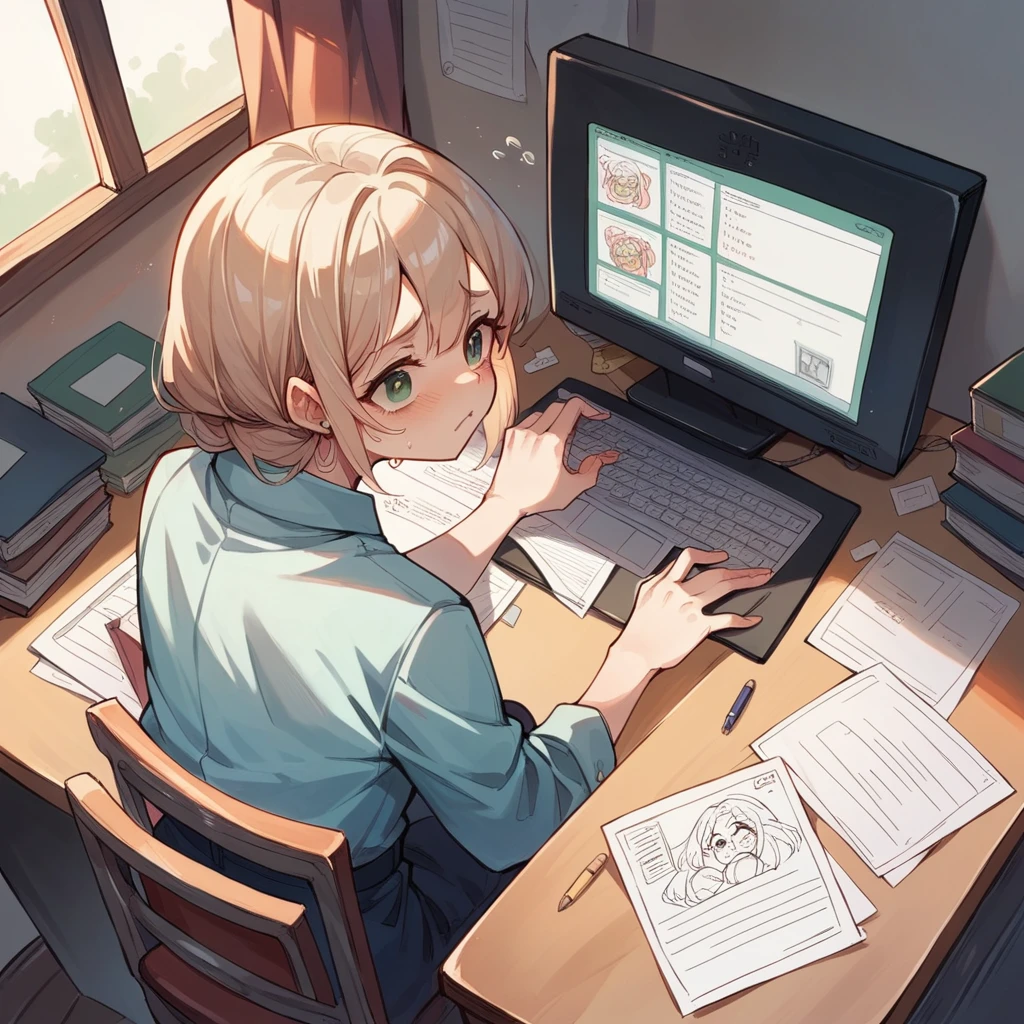 Cute anime style illustrations、Draw a picture of a 27-year-old woman sitting at her office desk, buried under a pile of paperwork and a computer.。She looked exhausted、I'm holding my head in a pile of documents。In the background there is a window and a clock at night、It indicates that it is late at night.。In one corner of the room, there are some unused hobby tools and family photos.、Please help me understand how I am being so busy with work that I am neglecting my private life.。There are coffee cups and empty pizza boxes scattered on the desk.、Create an overall atmosphere of stress and fatigue.。