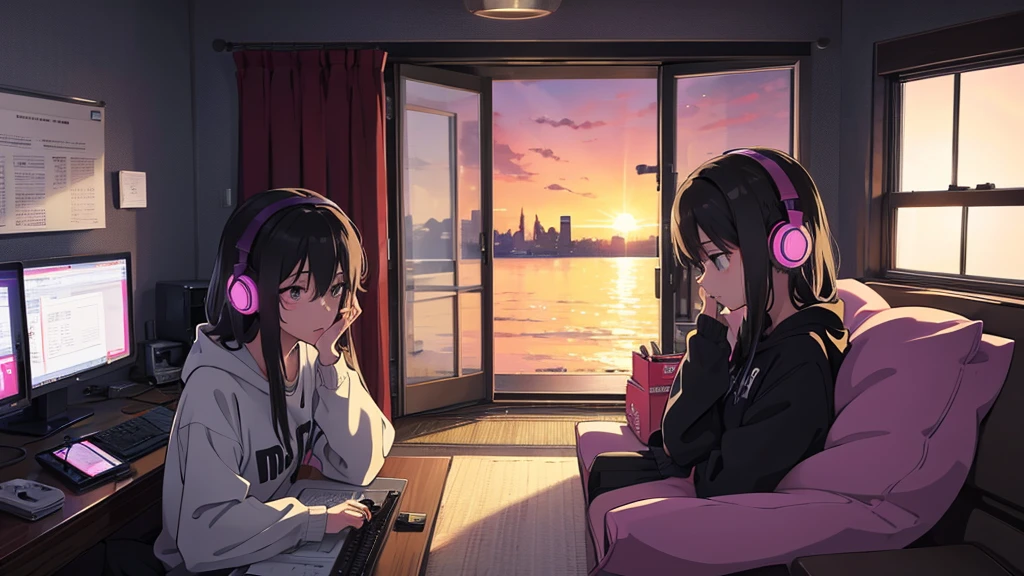 Girl listening to music in a cozy room at night, Use headphones, 2D anime style, Truly, Dark environment、Emo