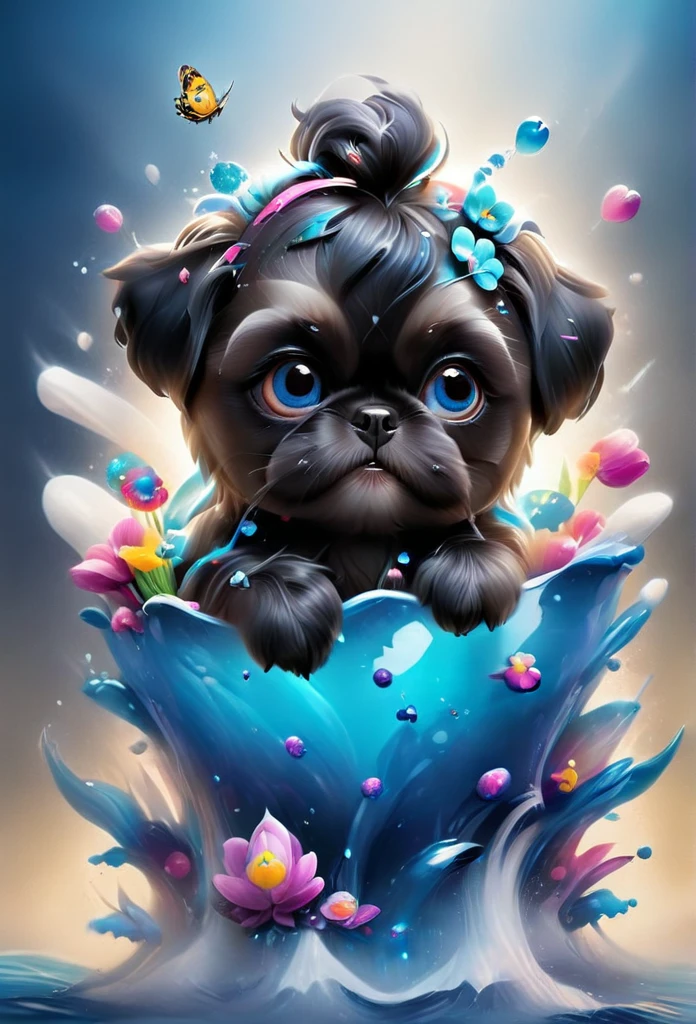 2 adorable very small very black Shih Tzu puppies with big bright blue eyes,extremely detailed eyes and face,longeyelashes,wearing blue collars and sunglasses,playing in creek,butterflies and flowers in background,3D Pixar style,photorealistic,masterpiece,vibrant colors,studio lighting,ultra-detailed,sharp focus,physically-based rendering,professional