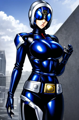Blue Kamen Rider, Silver Armor, Grey and black clothes, Bluetech Suit, spy, robot,Big Breasts,Seduced by a villain,Looks frustrated