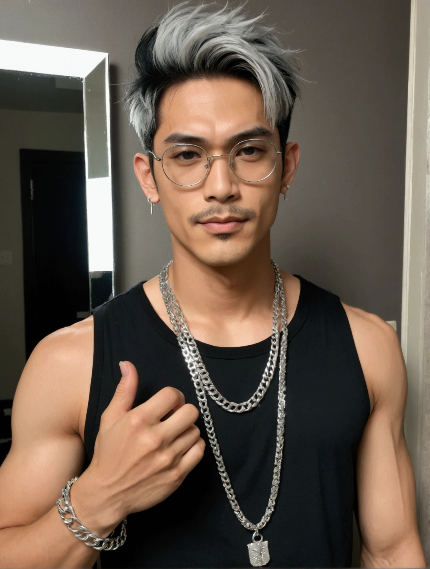 Character named "Nobita" , masculine, muscle, alt boy look, e-boy look, grunge, black sleeveless top, silver chains, silver bracelets, selfie in front of mirror pose, textured french crop hairstyle, silver spectacles, thin trimmed mustache