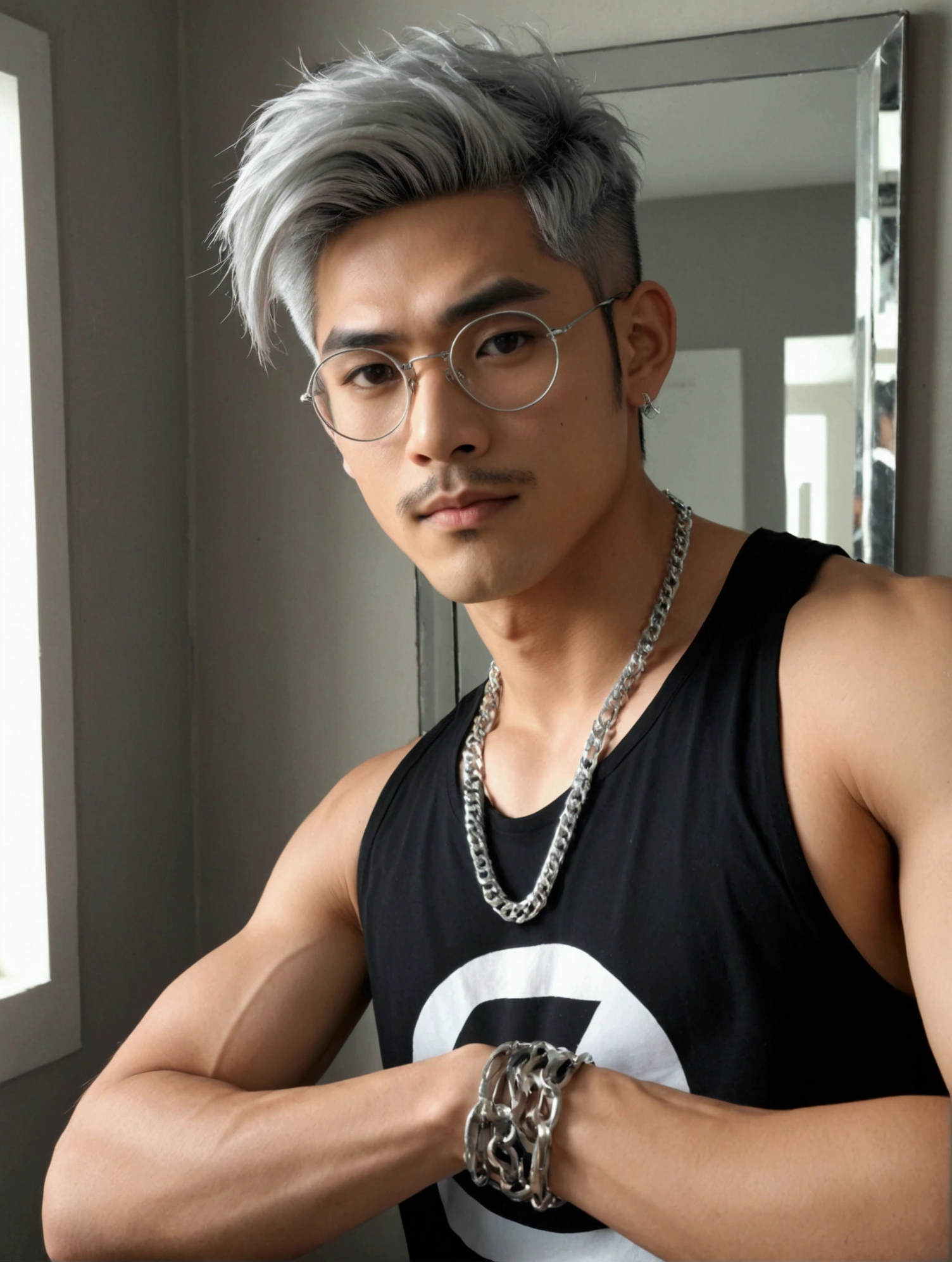 Character named "Nobita" , masculine, muscle, alt boy look, e-boy look, grunge, black sleeveless top, silver chains, silver bracelets, selfie in front of mirror pose, textured french crop hairstyle, silver spectacles, thin trimmed mustache 