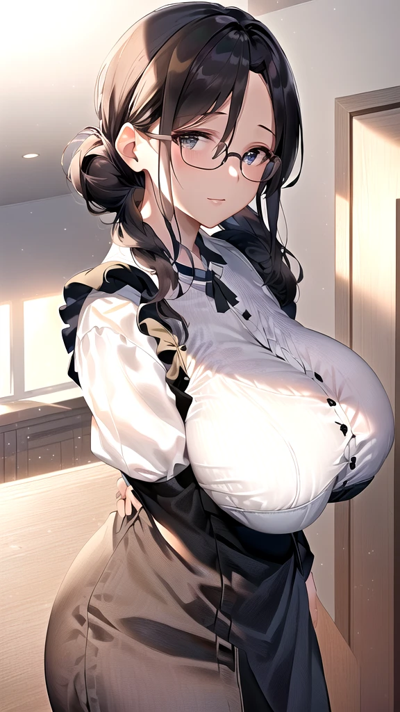 {{masterpiece}},high quality, 4K, 2D,1 girl,{simple gray background},(45 year old woman,mature female:1.6),standing,(sagging breasts:0.4),(gigantic breasts:1.3),(dirndl:1.3), black hair,(chignon:1.2),1 braid,impossible clothes, {from right in front of face and body},{front facing shot},Wear glasses,inside the room