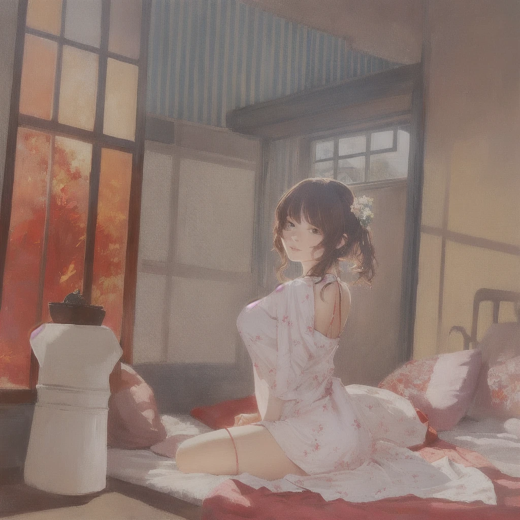 anime girl sitting on a bed in a room with a window, Gwaiz, Painted in an anime artist's studio, artwork in the style of Gwaiz, Created by Anime Painter Studio, Gwaiz on pixiv artstation, Gwaiz on artstation pixiv, Zerochan Art, Anime Style 4k, Gwaiz masterpiece, A 17-year-old Japanese girl in a kimono with vibrant hair colors, long hair, daring hair styling, slender figure, plump cheeks. She embodies the punk rock aesthetic, dressed like a punk rocker with bold attire, large sunglasses, a defiant expression. She stands at 170 centimeters tall, weighs 30 kilograms, wears long boots, with her thighs visible under a red pleated skirt. Adorned with numerous silver accessories. Depict with distinct outlines, using colors other than black for the outlines, using colorful hues for the outlines. She's into girls' rock, punk, Electric guitar, vibrant colors, stages, and backed by a band. An underground clubhouse with colorful lighting amidst the darkness. Colorful candies resembling mountains of treats are plentiful, strewn all around. A tall, well-built man with blonde hair is present, adorned with tattoos, a nose piercing, and a split tongue.
