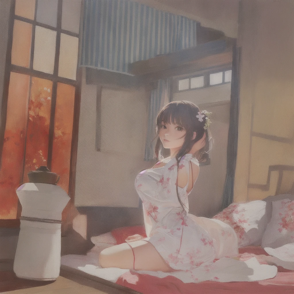 anime girl sitting on a bed in a room with a window, Gwaiz, Painted in an anime artist's studio, artwork in the style of Gwaiz, Created by Anime Painter Studio, Gwaiz on pixiv artstation, Gwaiz on artstation pixiv, Zerochan Art, Anime Style 4k, Gwaiz masterpiece, A 17-year-old Japanese girl in a kimono with vibrant hair colors, long hair, daring hair styling, slender figure, plump cheeks. She embodies the punk rock aesthetic, dressed like a punk rocker with bold attire, large sunglasses, a defiant expression. She stands at 170 centimeters tall, weighs 30 kilograms, wears long boots, with her thighs visible under a red pleated skirt. Adorned with numerous silver accessories. Depict with distinct outlines, using colors other than black for the outlines, using colorful hues for the outlines. She's into girls' rock, punk, Electric guitar, vibrant colors, stages, and backed by a band. An underground clubhouse with colorful lighting amidst the darkness. Colorful candies resembling mountains of treats are plentiful, strewn all around. A tall, well-built man with blonde hair is present, adorned with tattoos, a nose piercing, and a split tongue.