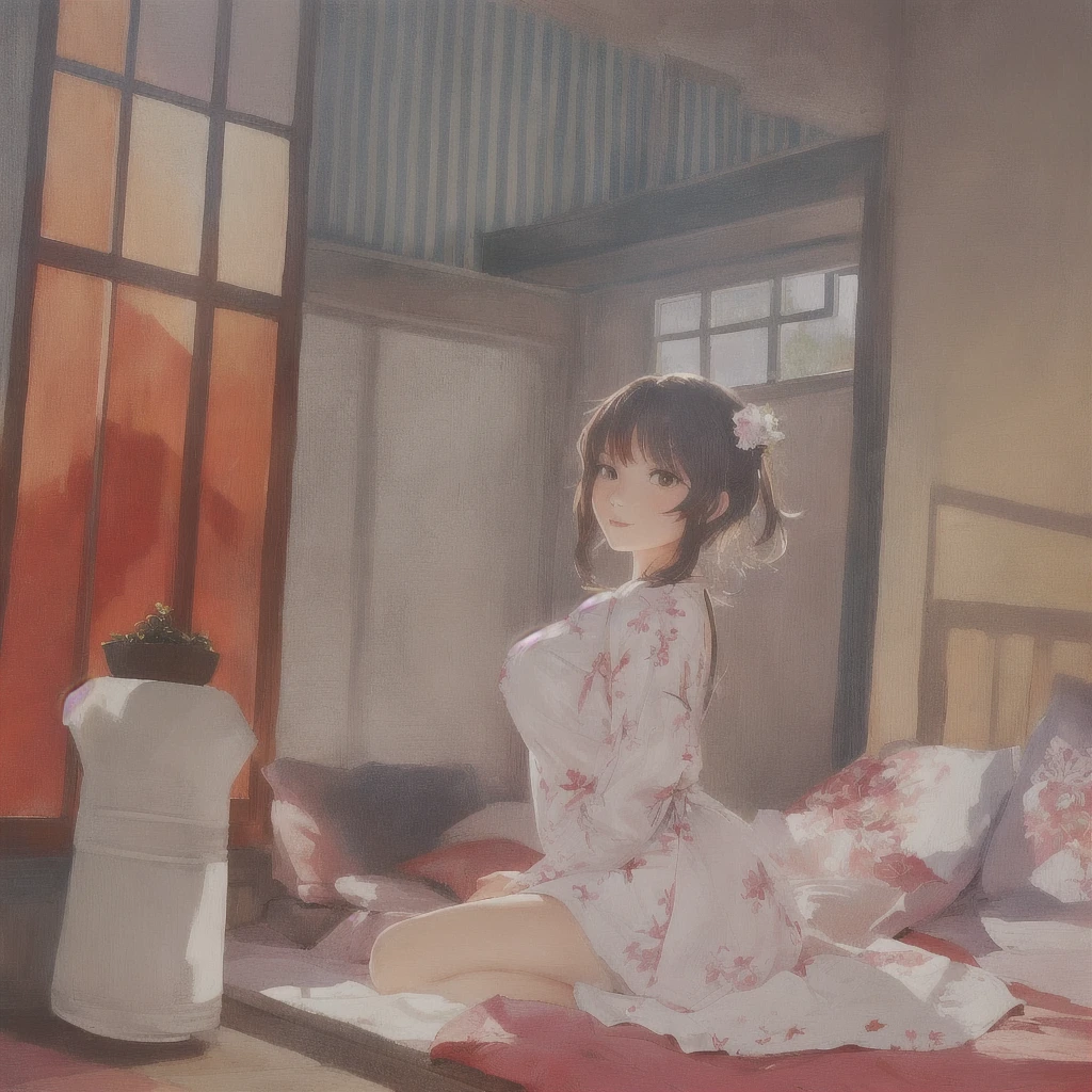 anime girl sitting on a bed in a room with a window, Gwaiz, Painted in an anime artist&#39;s studio, artwork in the style of Gwaiz, Created by Anime Painter Studio, Gwaiz on pixiv artstation, Gwaiz on artstation pixiv, Zerochan Art, Anime Style 4k, Gwaiz masterpiece, A 17-year-old Japanese girl in a kimono with vibrant hair colors, long hair, daring hair styling, slender figure, plump cheeks. She embodies the punk rock aesthetic, dressed like a punk rocker with bold attire, large sunglasses, a defiant expression. She stands at 170 centimeters tall, weighs 30 kilograms, wears long boots, with her thighs visible under a red pleated skirt. Adorned with numerous silver accessories. Depict with distinct outlines, using colors other than black for the outlines, using colorful hues for the outlines. She's into girls' rock, punk, Electric guitar, vibrant colors, stages, and backed by a band. An underground clubhouse with colorful lighting amidst the darkness. Colorful candies resembling mountains of treats are plentiful, strewn all around. A tall, well-built man with blonde hair is present, adorned with tattoos, a nose piercing, and a split tongue.