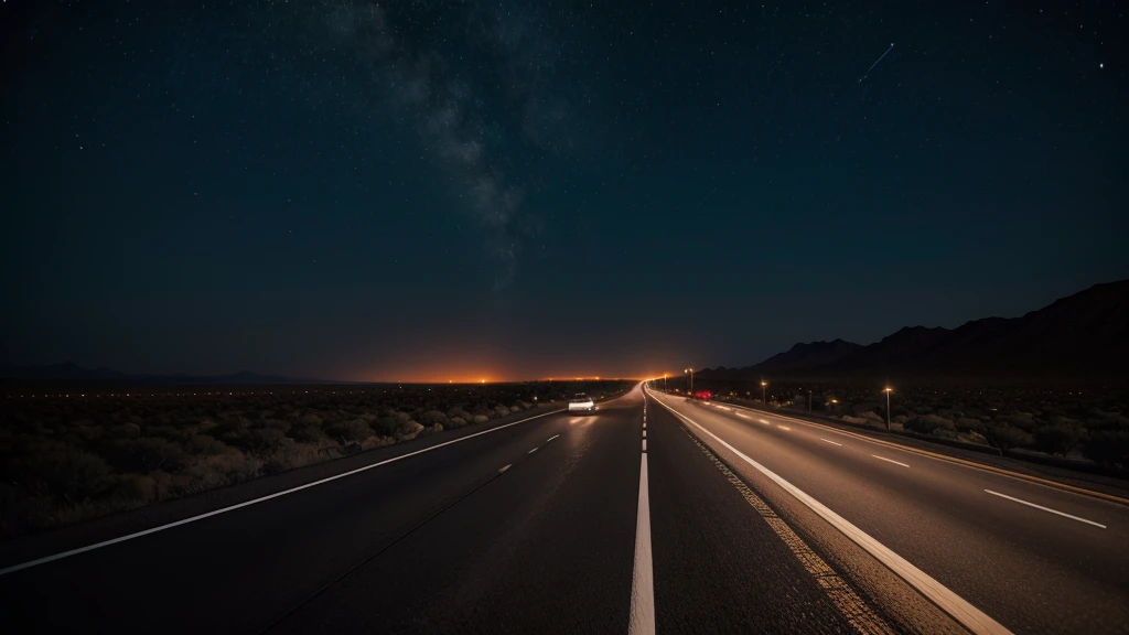 a highway at night in the desert with total darkness. The night looks very dark and scary.