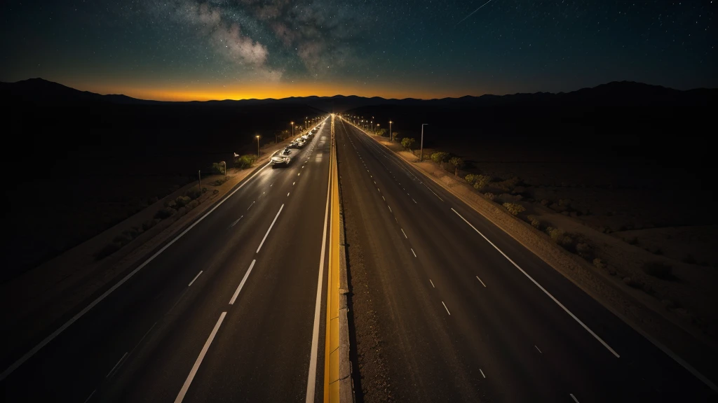 a highway at night in the desert with total darkness. The night looks very dark and scary.
