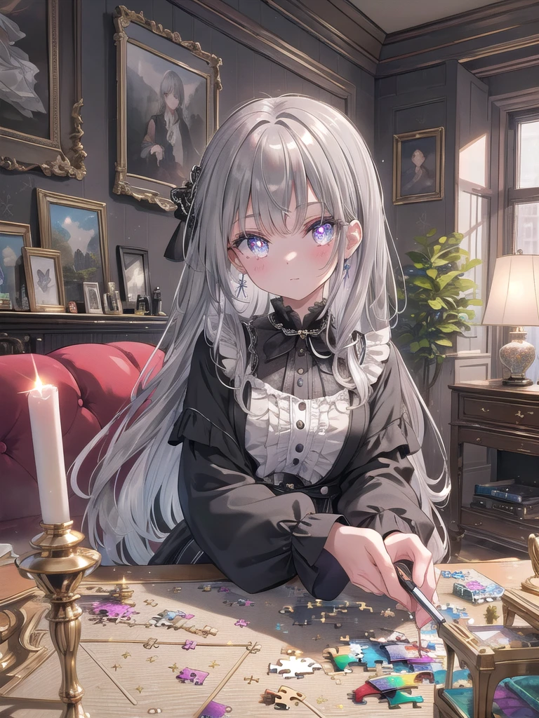 ((8k, best quality, master piece: 1.3)),super high resolution,(1 girl, solo), (colorshift eyes, hyperdetailed, expressive sparkling, glitter, glowing eyes), ultra detailed eyes, ultra-detailed face, random hair, ((silver gray color)),Draw a 10 year old girl putting together a puzzle in her living room. The girl has a serious expression on her face as she picks up the puzzle pieces. In the background is a simple, uncluttered living room, depicting the puzzle in a highly finished form. The camera angle should be from above the table, capturing the girl and the puzzle. Colors should include the colorful pieces of the puzzle and the warm colors of the living room, with details of the puzzle.