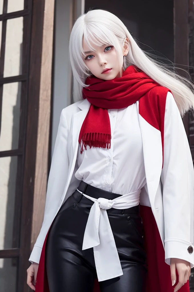 Straight white hair down to her waist、Red scarf、White shirt、Black coat、Black trousers、Sharp light blue eyes、F Cup、woman、I have a sword、cool、cute